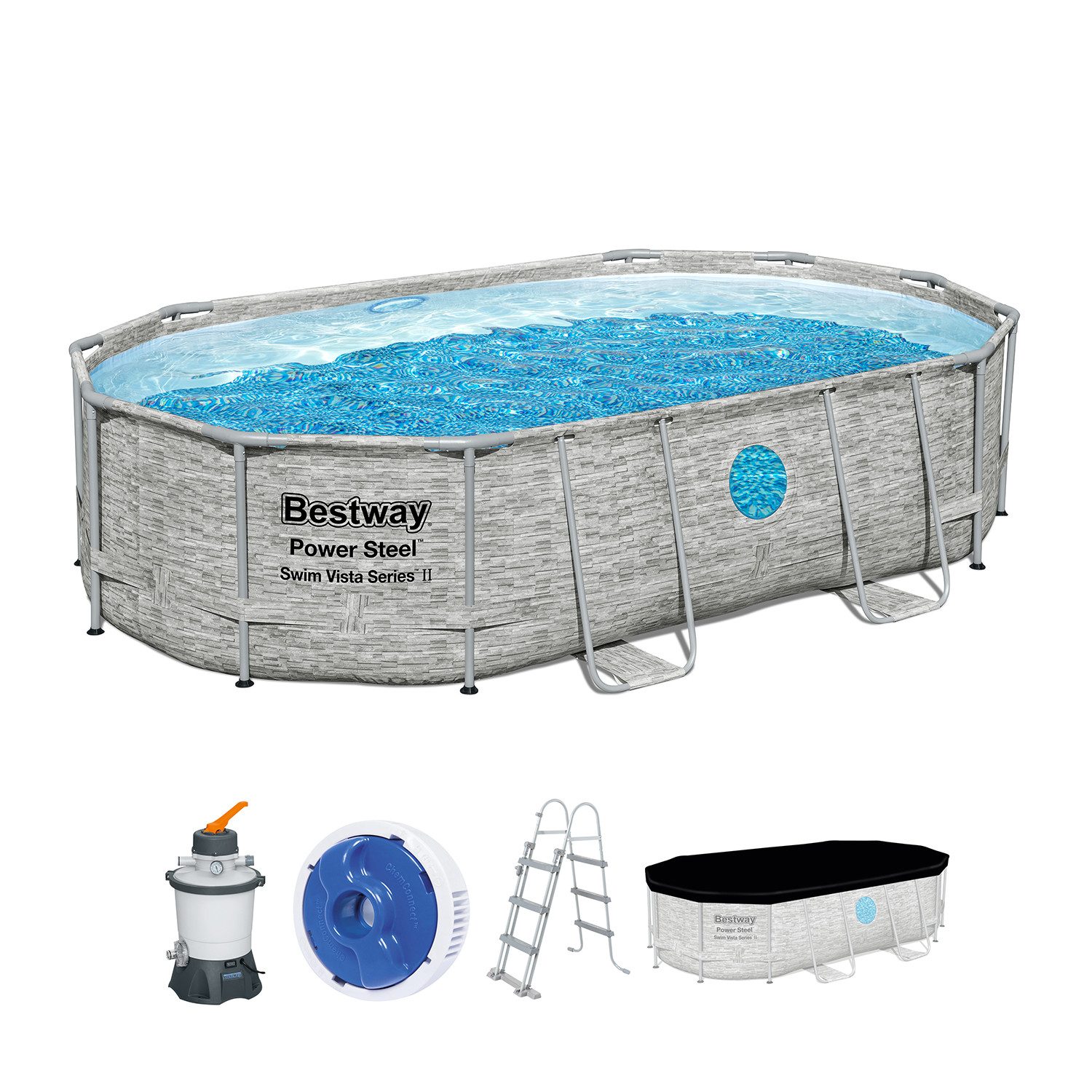 Bestway Framepool Power Steel™ Swim Vista Series™ (Set, Inkl. Sandfilteranlage, Sicherheitsleiter, Abdeckplane), 488 x 305 x 107 cm
