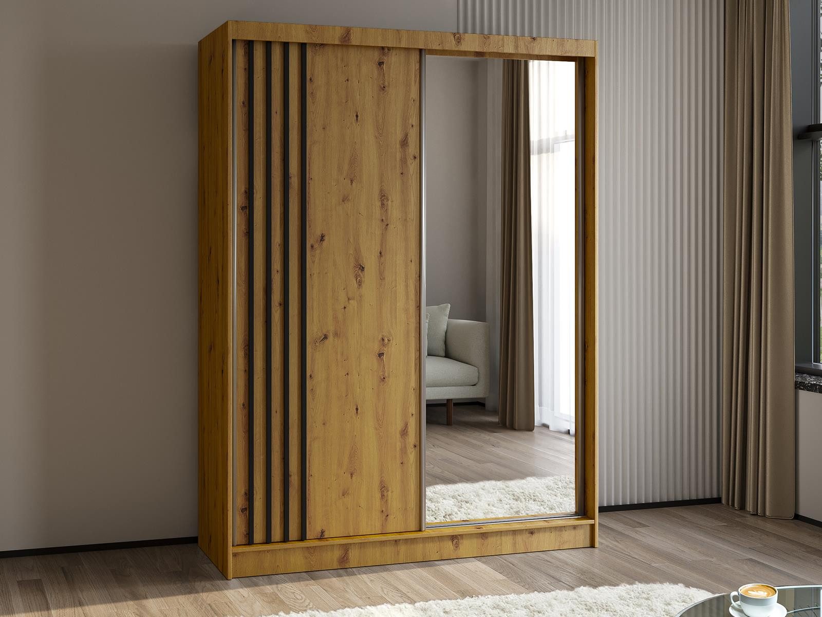 Compleo Schwebetürenschrank mit Lamelle MALTA, minimalistisches Design, Breite: 160 cm Schwebetürensystem - Laguna