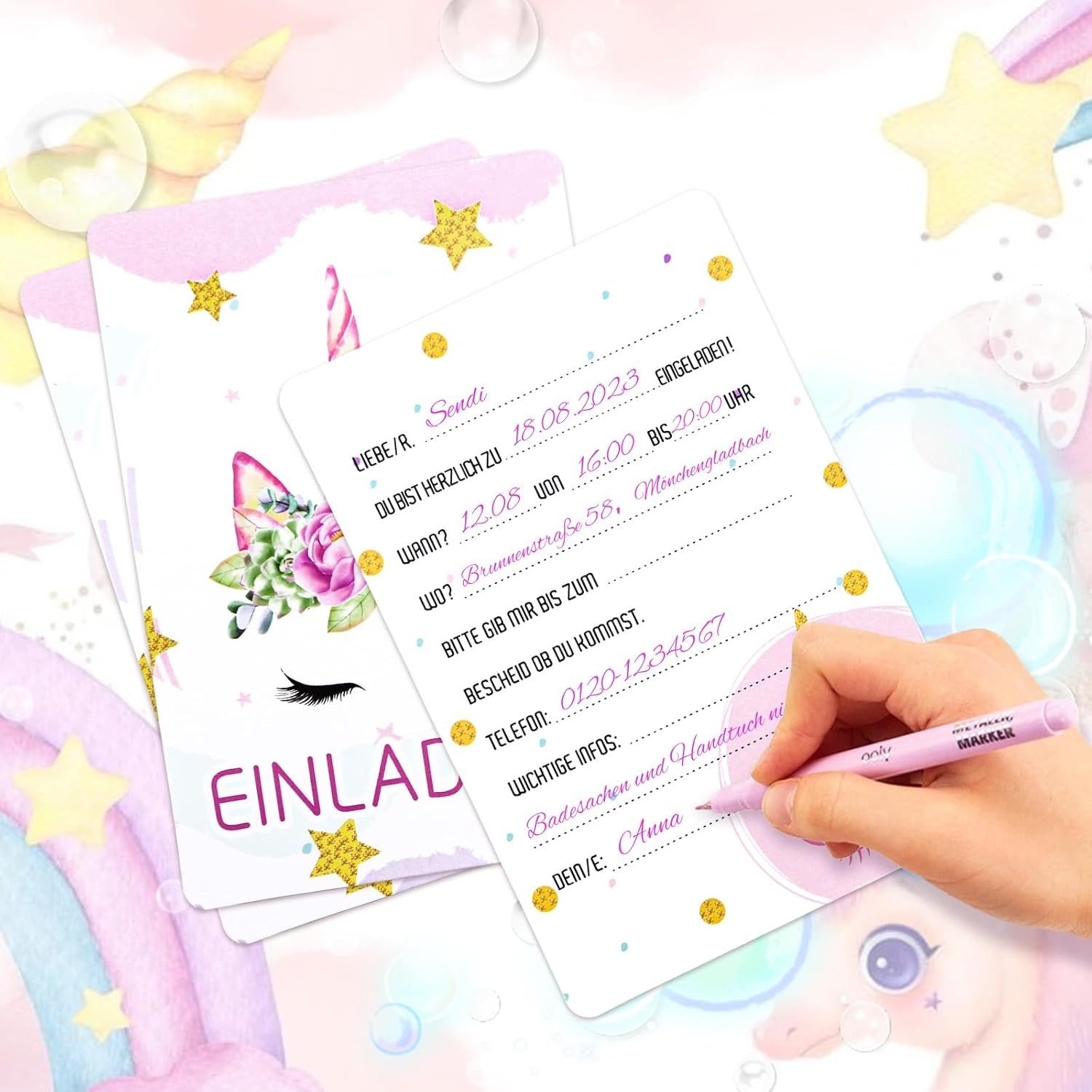 aitsite Einladungskarten 12er Set Einladungskarten Kindergeburtstag Einhorn Design Party Karten, 12er Set Einhorn Einladungskarten Kindergeburtstag, beschreibba – Bild 4 von 4