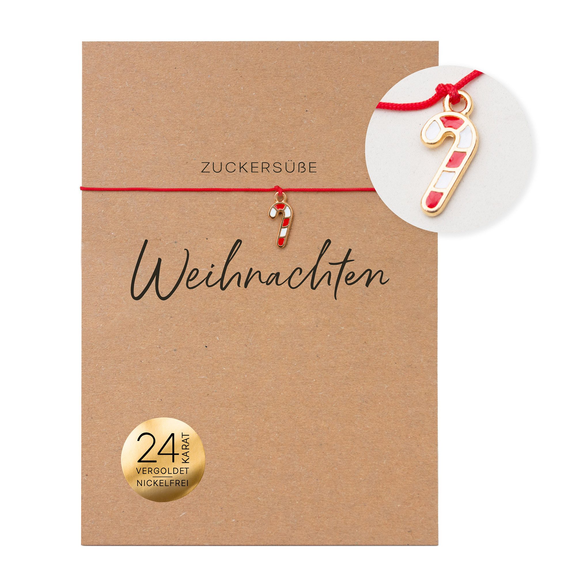 Bow & Hummingbird Charm-Armband Weihnachtsarmband Zuckerstange - Makramee Armband 24 Karat vergoldet (Spruch "Zuckersüße Weihnachten", Auf Karte aus 100% Recyclingpapier), 24 Karat vergoldeter Anhänger