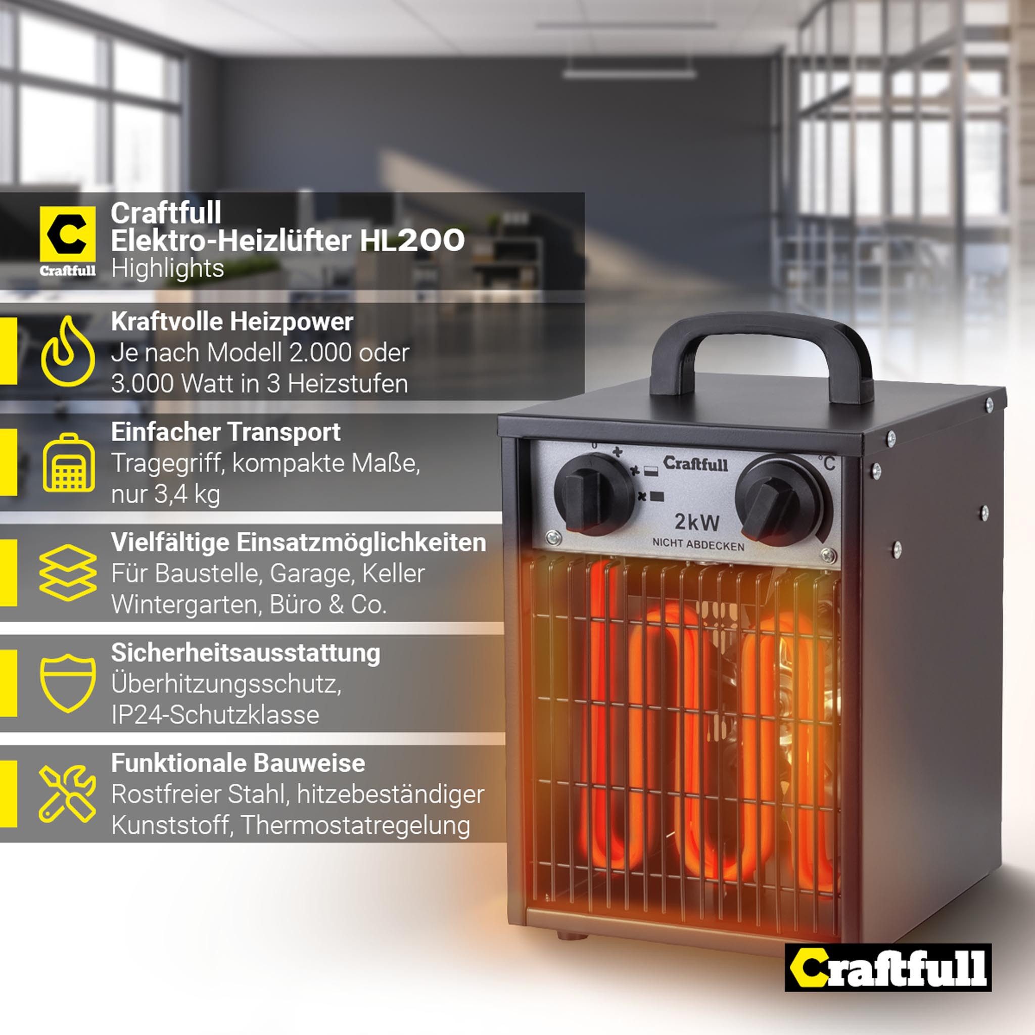 Craftfull Heizlüfter Elektro Heizgerät HL200 inkl. 3 J. Garantie - 3 Heizst günstig online kaufen