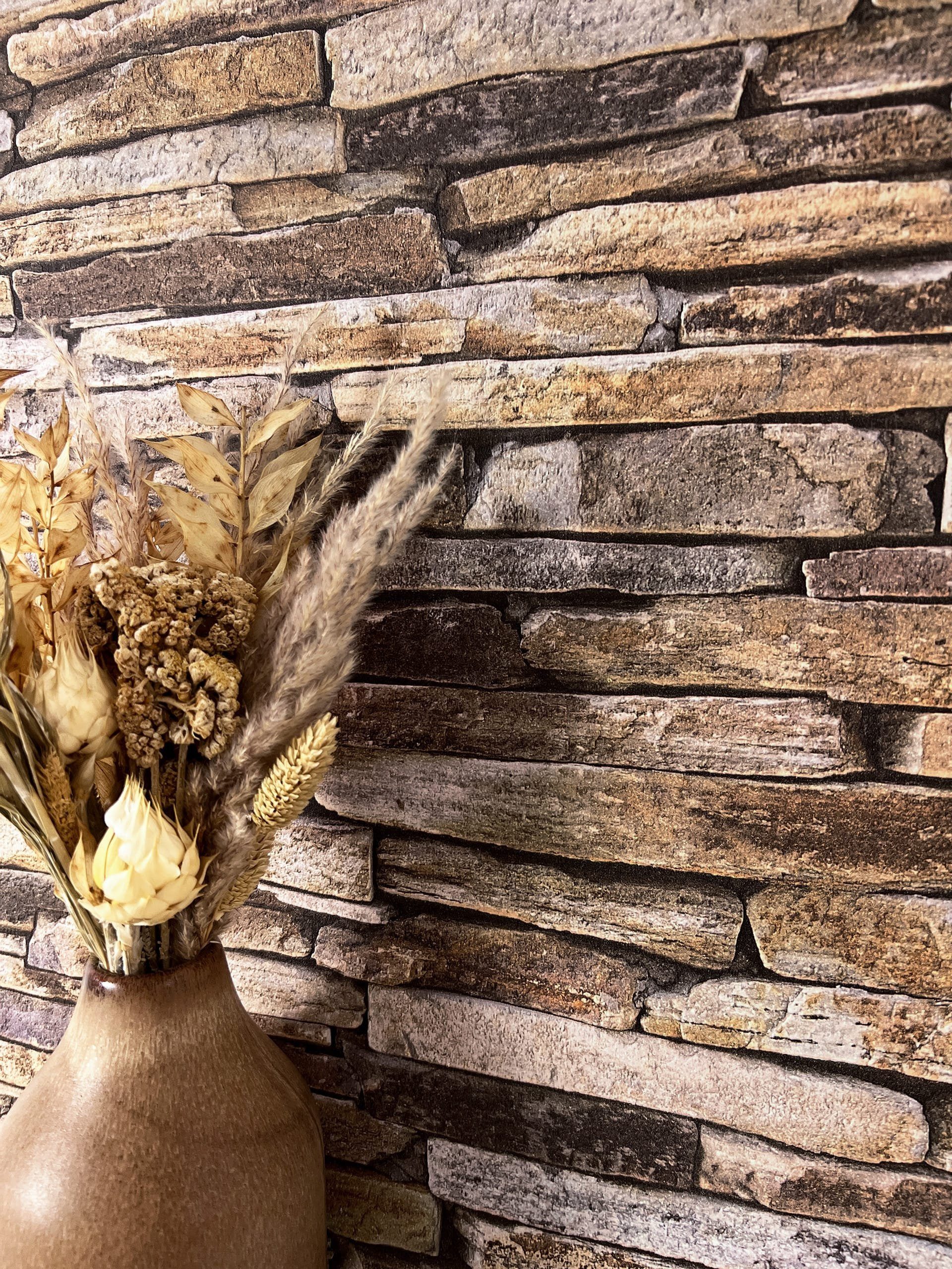 Newroom Vliestapete braun Tapete Ziegelstein Stein, Steintapete Beige Steintapete Ziegelstein Backstein Mauerwerk Klinker Stein Tapete Steinoptik Wohnzimmer, Backstein