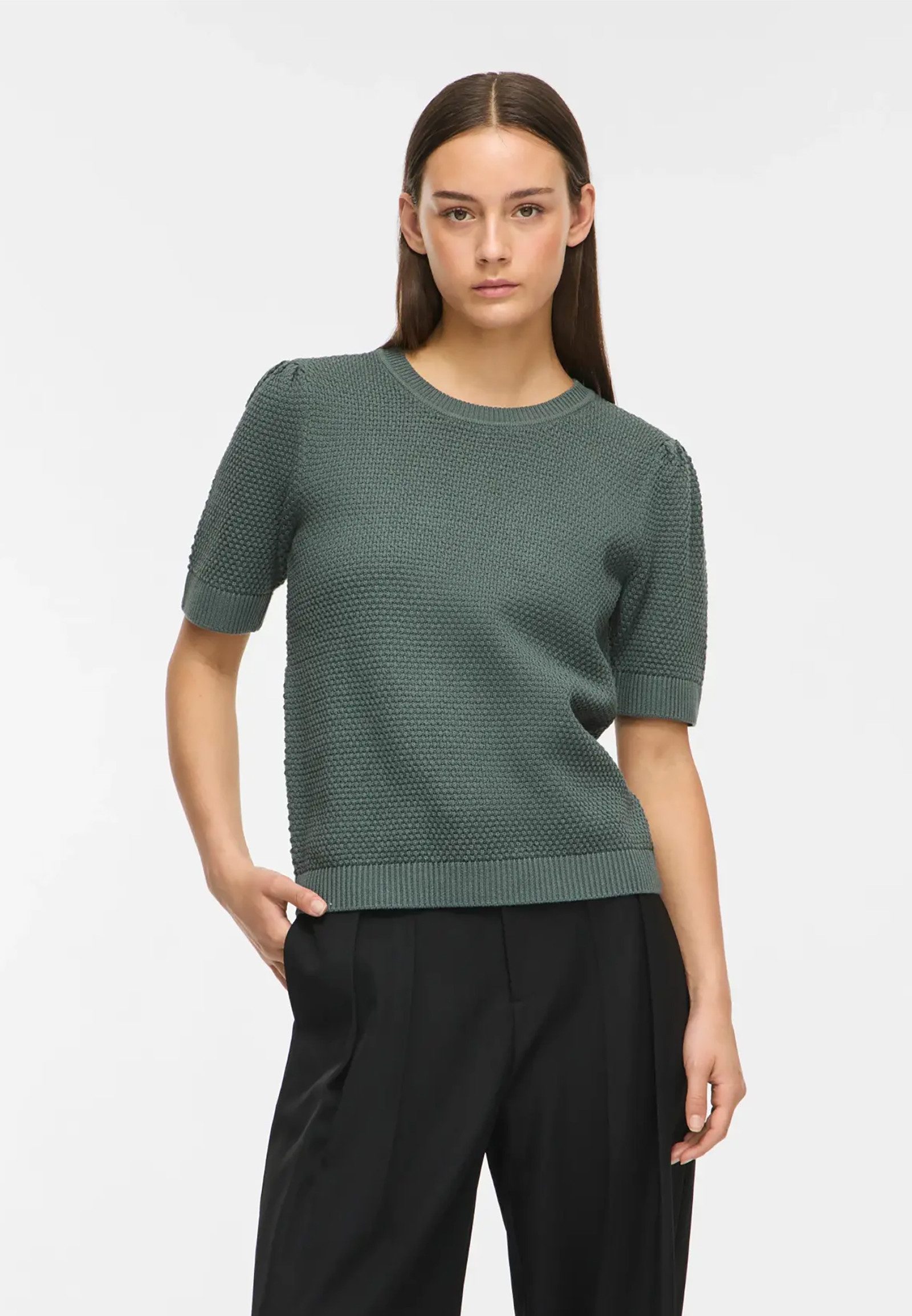 Vila T-Shirt Strickstruktur Rundhals Volumenärmel Rippbündchen Basic für Damen (1-tlg) Bio-Baumwollanteil, Nachhaltig, Regular Fit, Kurzarm, Alltagslook