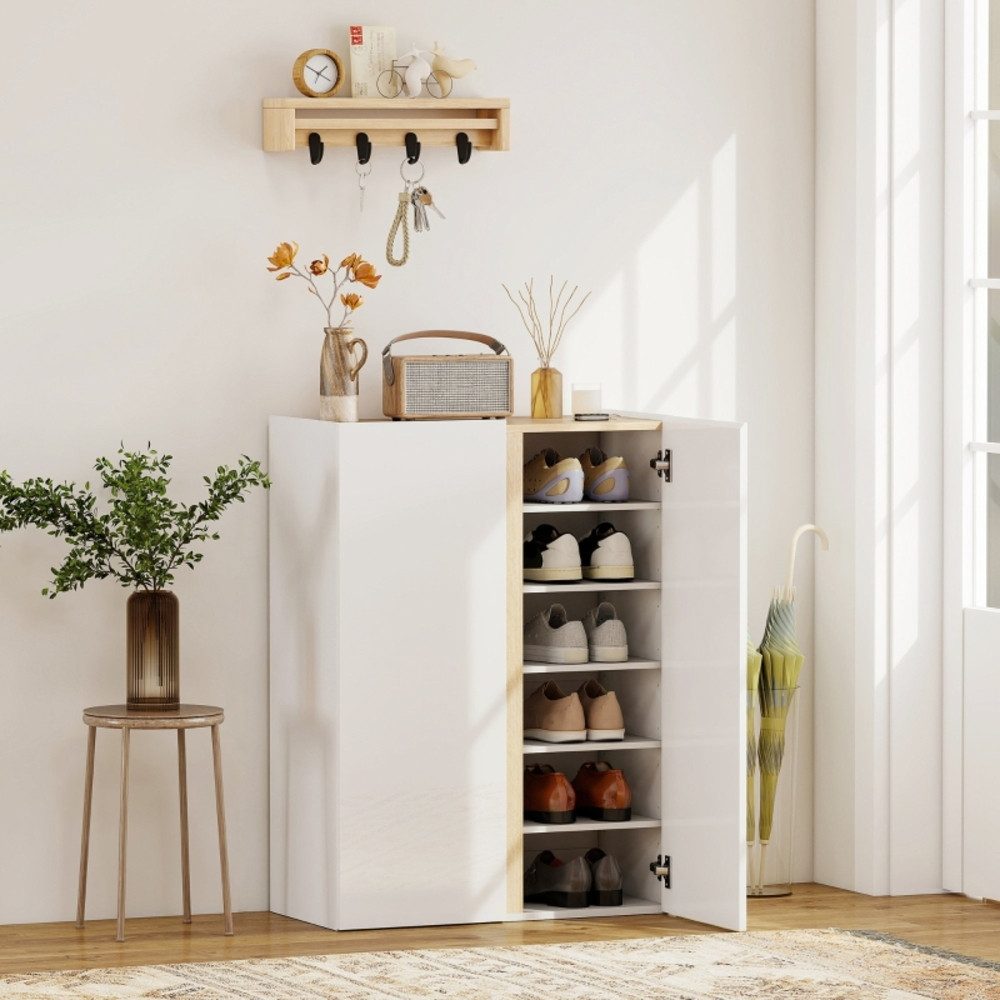 REDOM Schuhschrank Griff‑loser weißer Holz‑Schuhschrank mit sanftem Schließen (Packung, 1-St., 6‑stufige Aufbewahrungskapazität für bis zu 18 Paar Schuhe) Modernes Ordnungsmöbel für Eingang und Flurbereich
