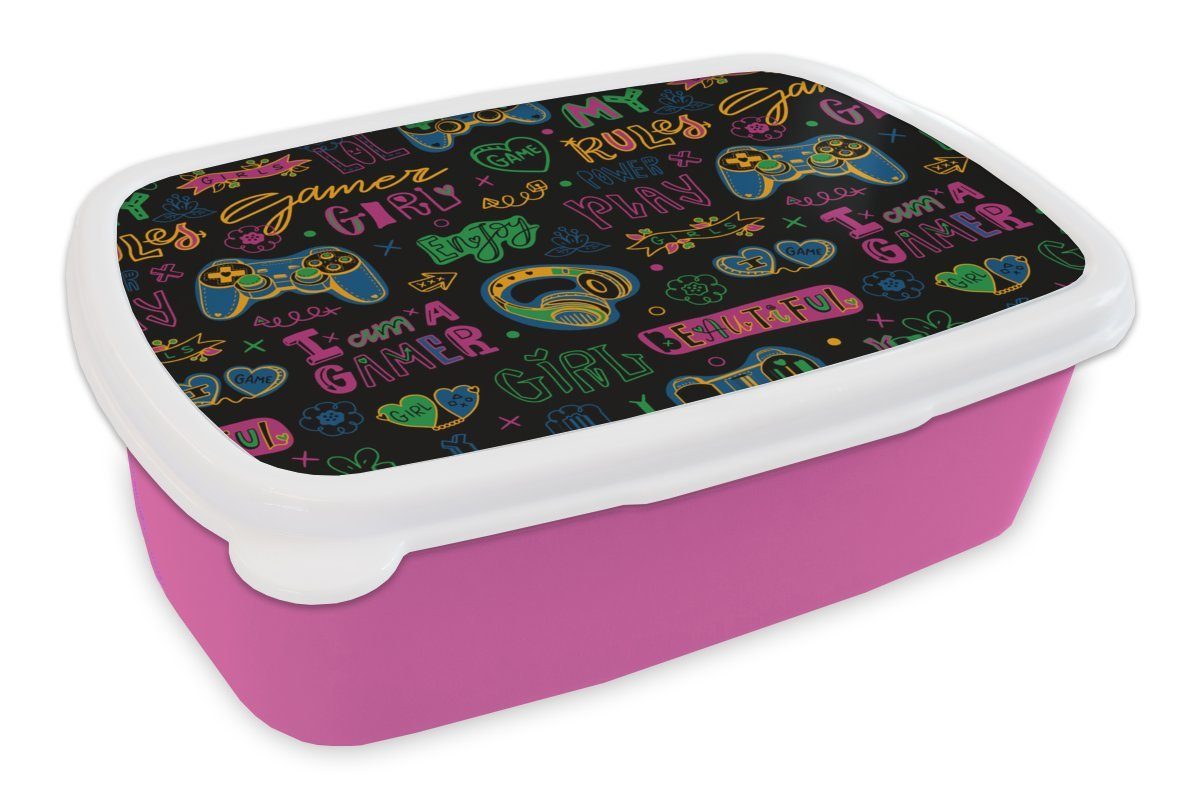 MuchoWow Lunchbox Teens - Gaming - Kopfhörer - Muster, Kunststoff, (2-tlg), Brotbox für Erwachsene, Brotdose Kinder, Snackbox, Mädchen, Kunststoff rosa