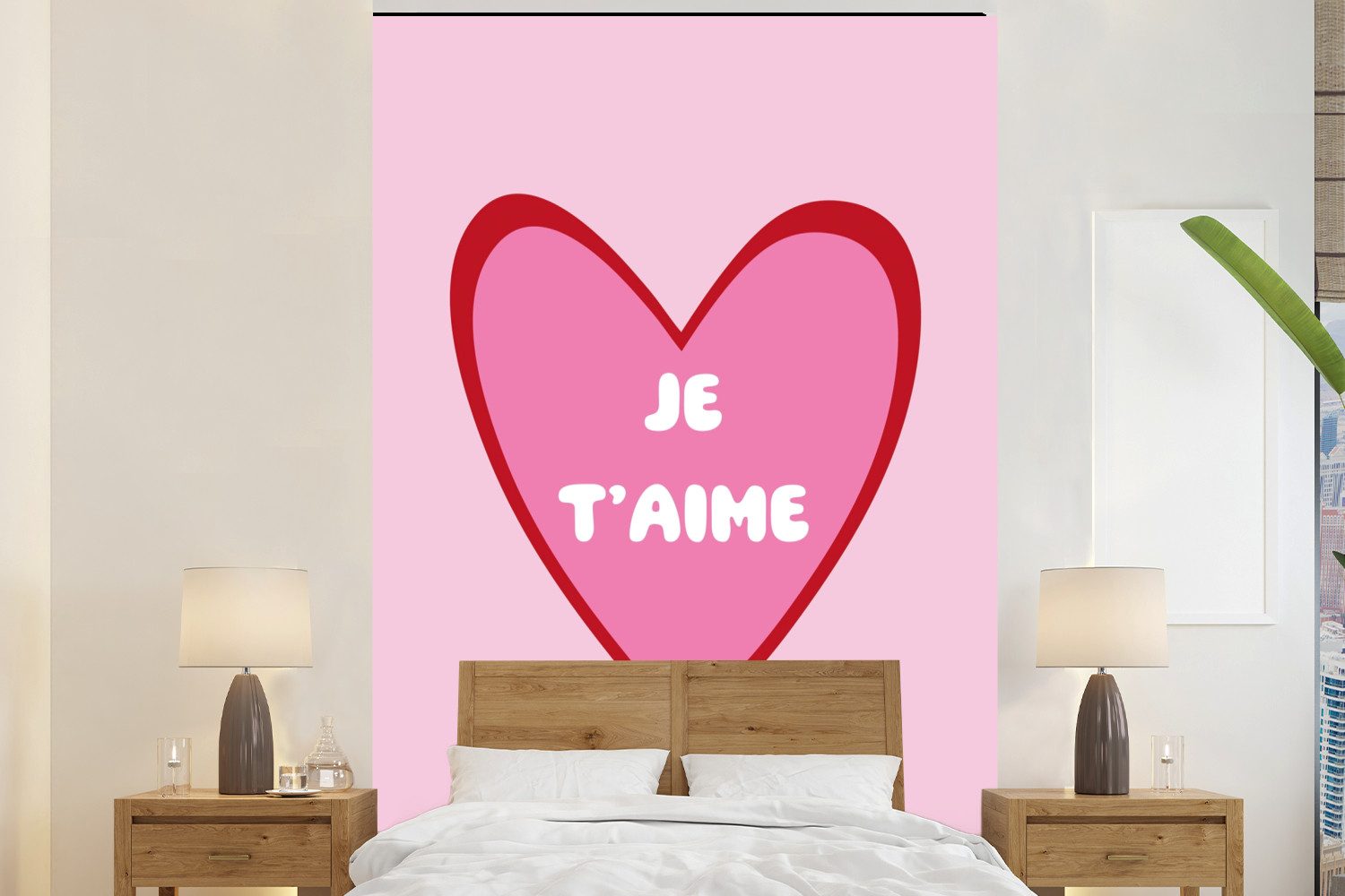 MuchoWow Fototapete Herz - Französisch - Valentinstag - Rosa, Matt, bedruckt, Montagefertig Vinyl Tapete, Wandtapete, 145x220 cm