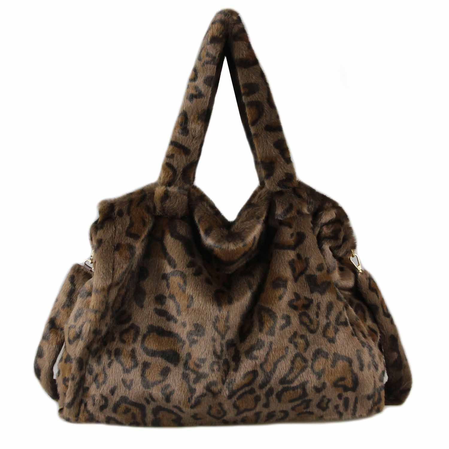 ITALYSHOP24 Schultertasche XXL Damen Leopard Print Tasche PELZTASCHE Shopper Tote Bag Handtasche, Leo Umhängetasche Teddytasche Plüsch Felltasche Weekender Kunstpelz