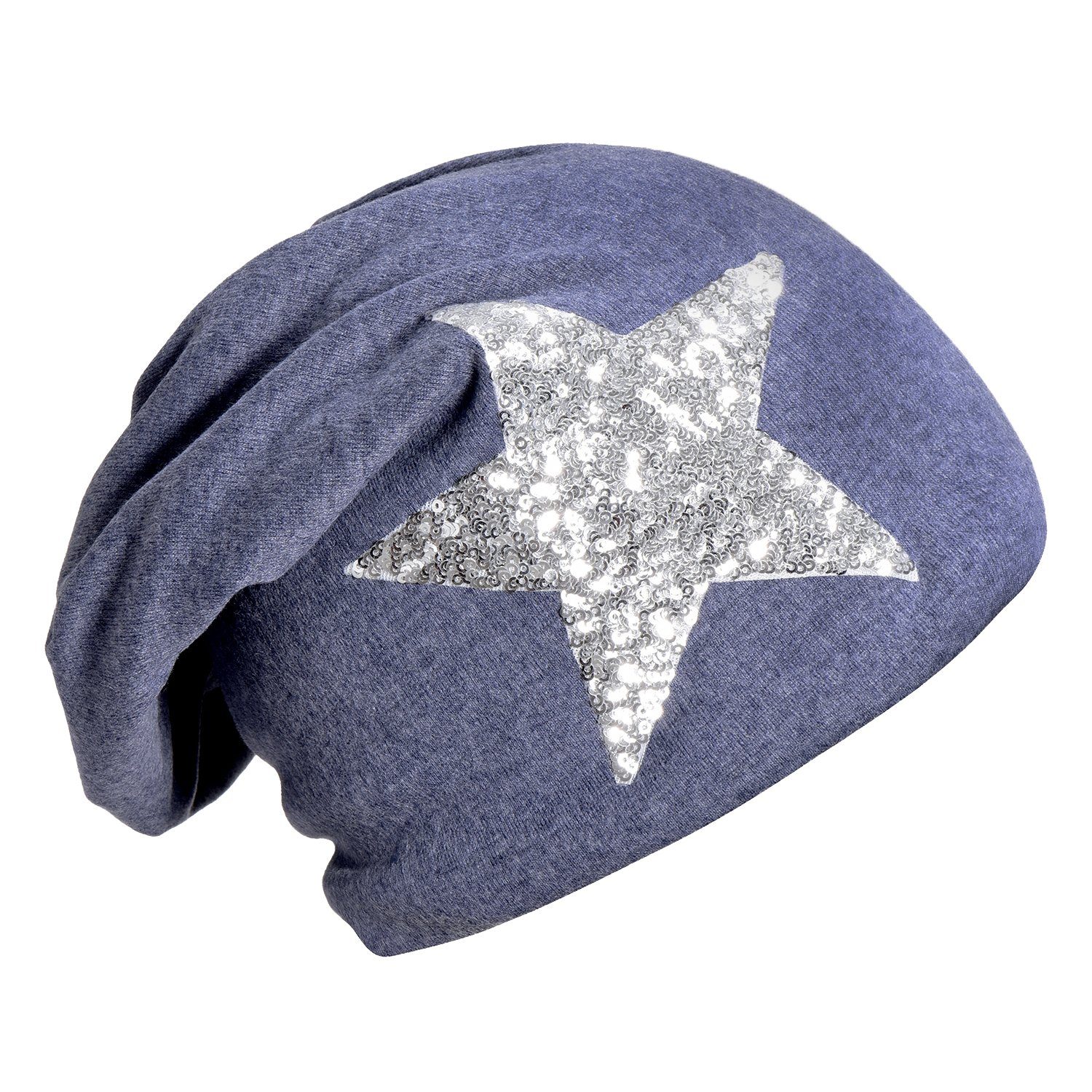 Pailletten-, großem Sternenprint, DonDon blau Wintermütze, 1-St) mit Damen Strass- Print Stern mit oder Beanie Teddyfleece Slouch mit (Packung, Beanie