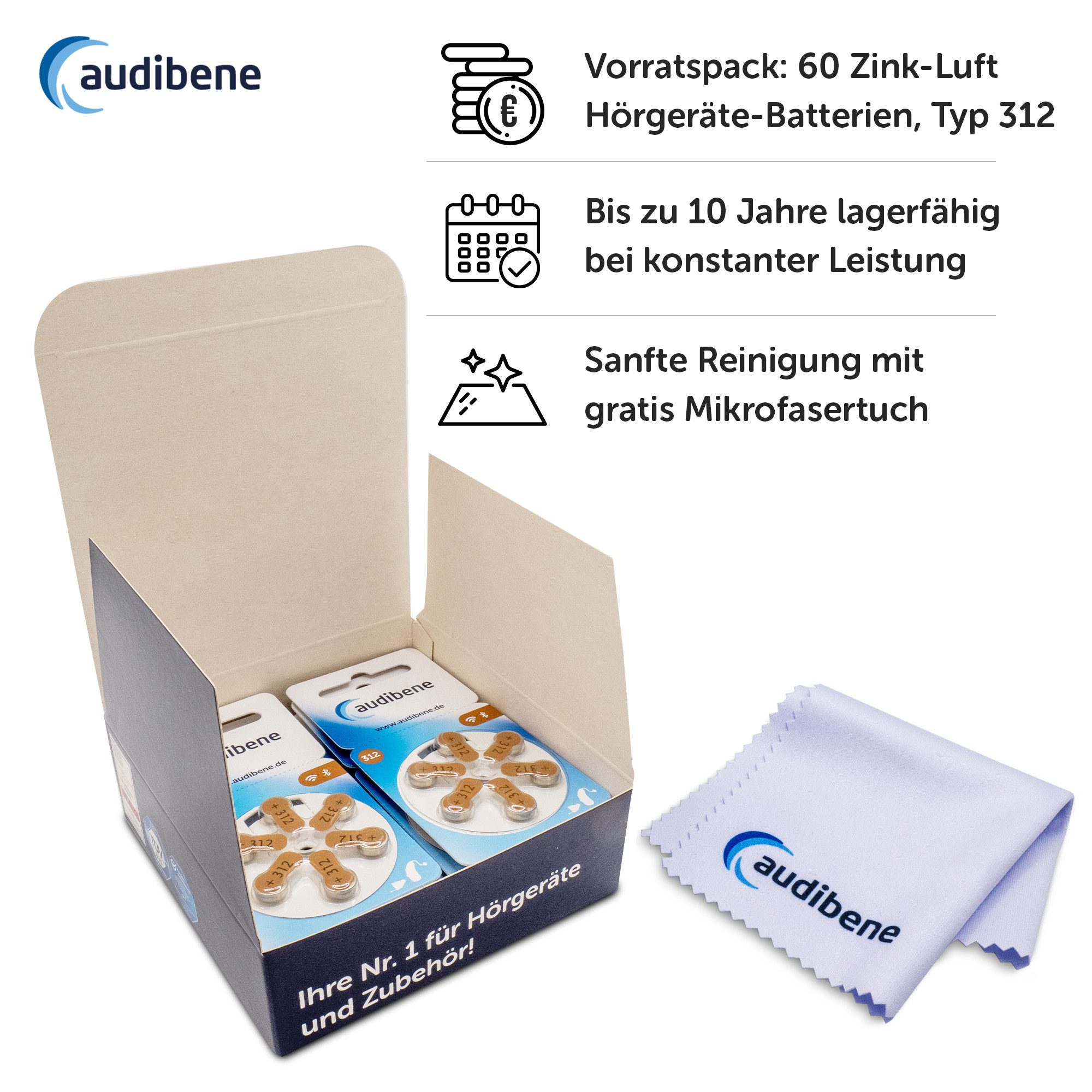 audibene 60x audibene Hörgerätebatterien 312 braun + GRATIS Reinigungstuch Batterie, (60 St), 1,4V / 1,45V bis zu 10 Jahre lagerfähig ohne Leistungsverlust.