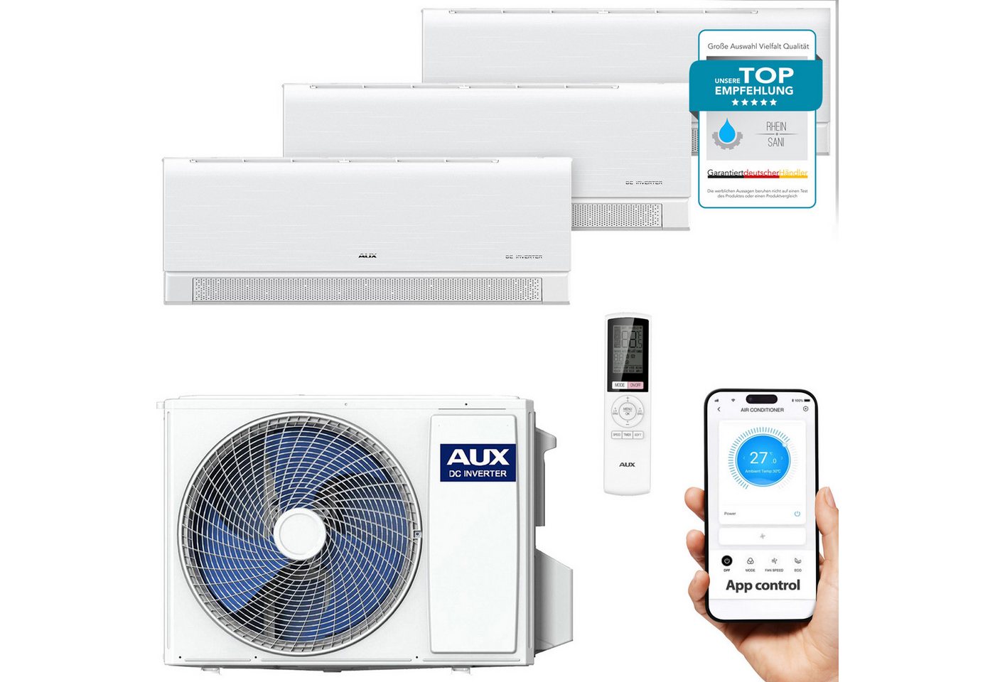 AUX Split-Klimagerät Set mit Außengerät und Innenwandgeräten, Klimaanlage mit App-Steuerung, R32 Kühlung & Heizung für Wohnräume, Büro & Gewerbe