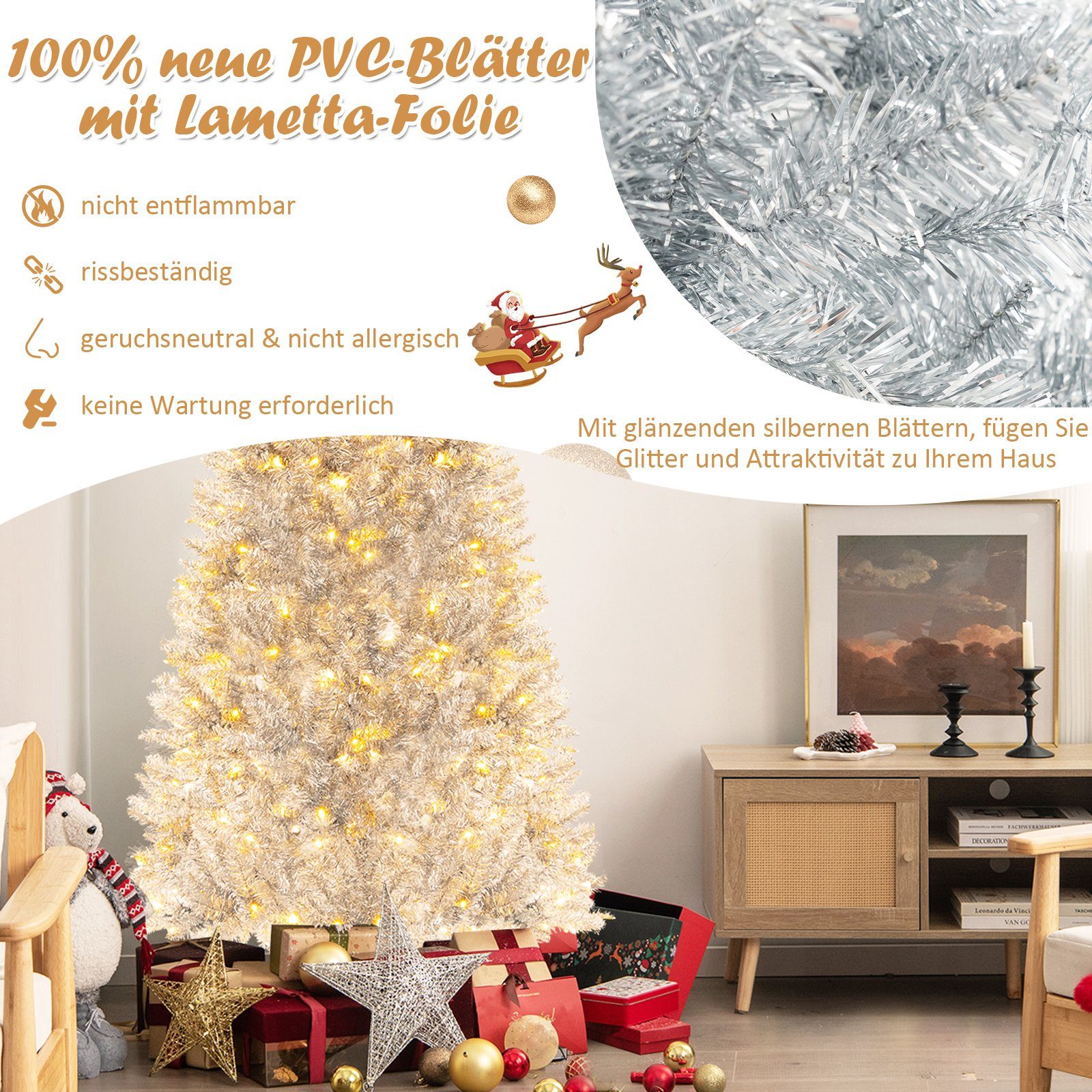 COSTWAY Künstlicher Weihnachtsbaum, silber mit Spitzen, LEDs & 180cm 300 790