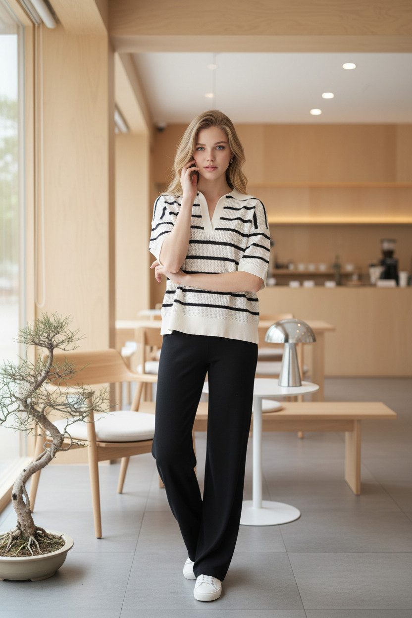 Zuckerwatte Polokragenpullover gestreifter V-Ausschnitt Pullover, Lochstric günstig online kaufen