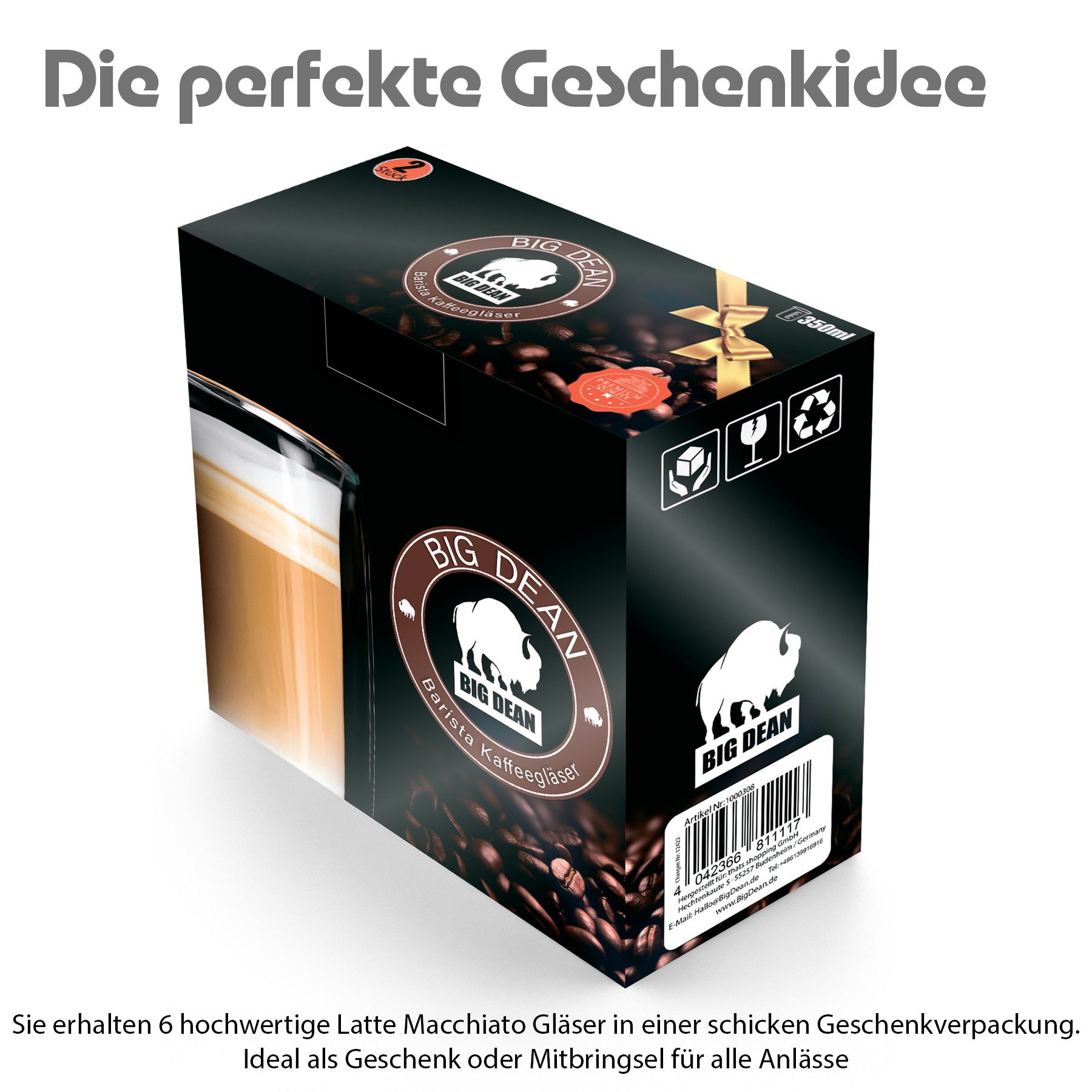 BigDean Latte-Macchiato-Glas 6 Stück hohe doppelwandige Latte Macchiato Gläser 350 ml, 6-tlg., Glas, Borosilikat Glas, Spülmaschinen Fest, Lebensmittelecht. – Bild 4 von 5