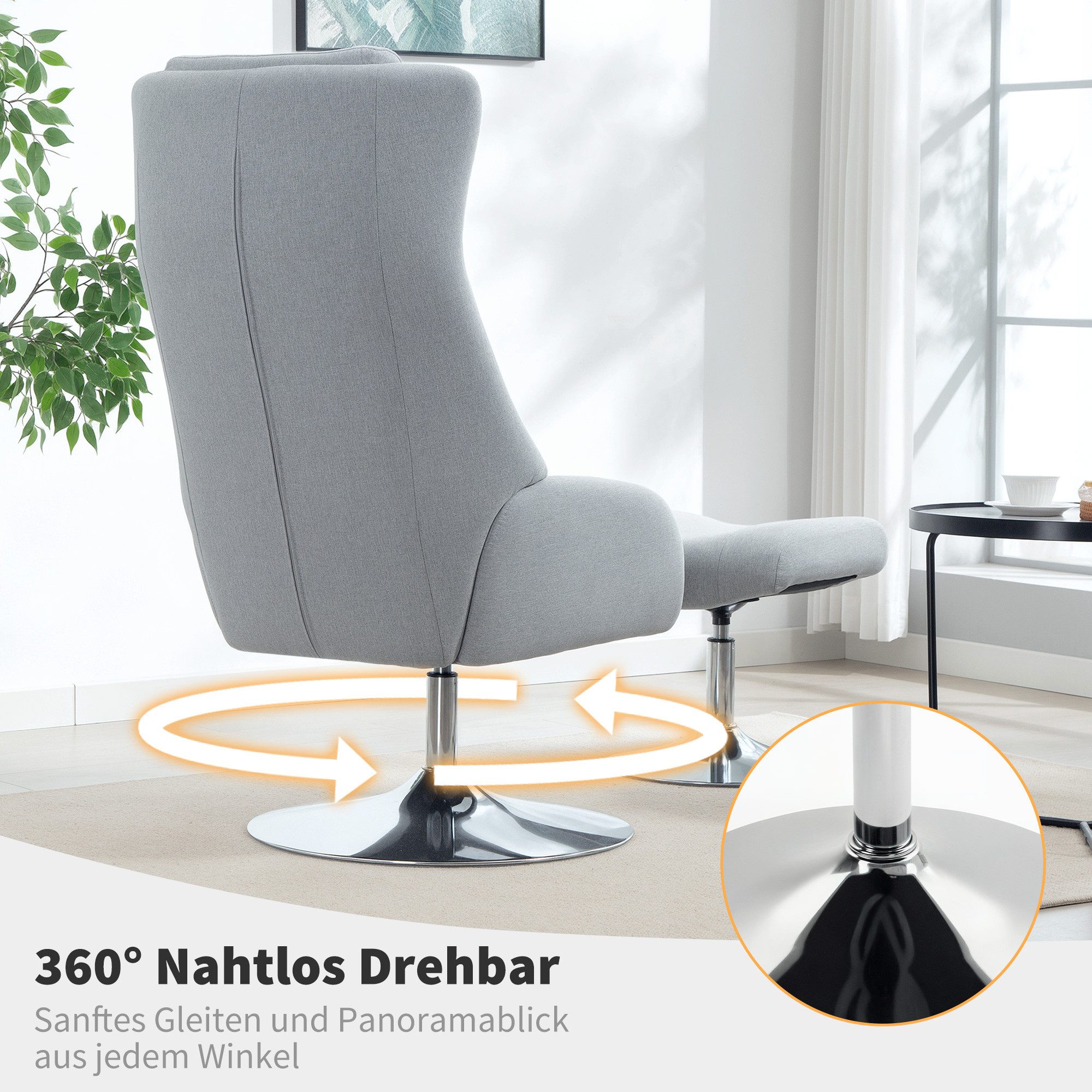 HOMCOM Relaxsessel Fernsehsessel 360°drehbar, hohe Rückenlehne, TV-Sessel Samtoptik (Loungesessel, 2-St., Armlehnstuhl), für Schlafzimmer, Wohnzimmer, Grau – Bild 5 von 5