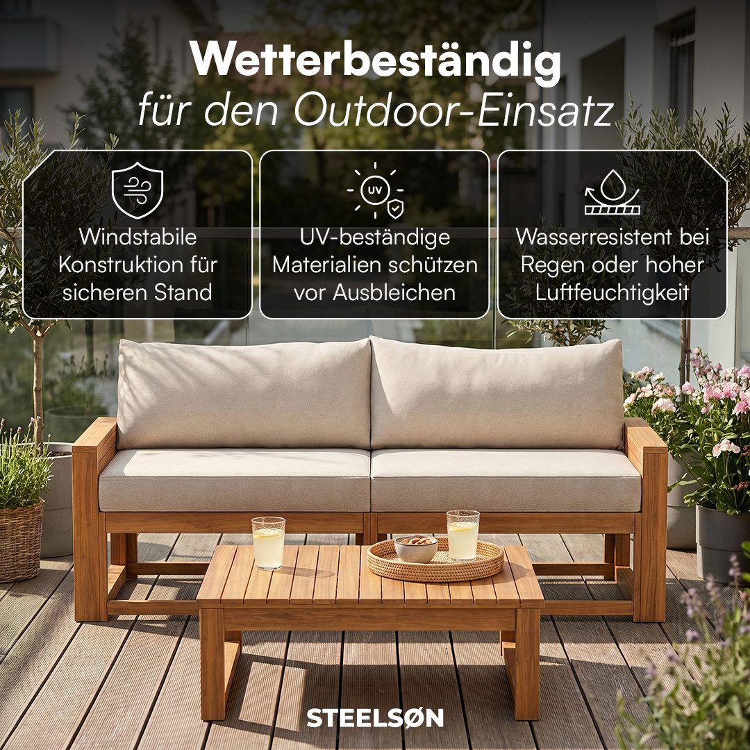 STEELSØN Gartenlounge-Set Mizaru modulares Sofa-Set aus hochwertigem Akazienholz, (Sofabank, mit Tisch), Outdoor Sitzgruppe inkl. Auflagen, vielfältige Stellmöglichkeiten