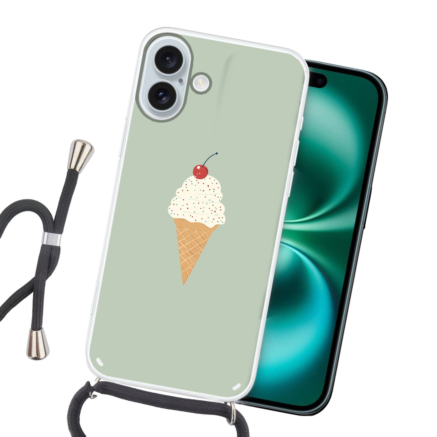 MuchoWow Handyhülle für Apple iPhone 16 Plus Illustration - Eiscreme - Sprenkeln - Kirsche, Tragbare Handyhüllen mit Kette zum umhängen, Handykette Handyband