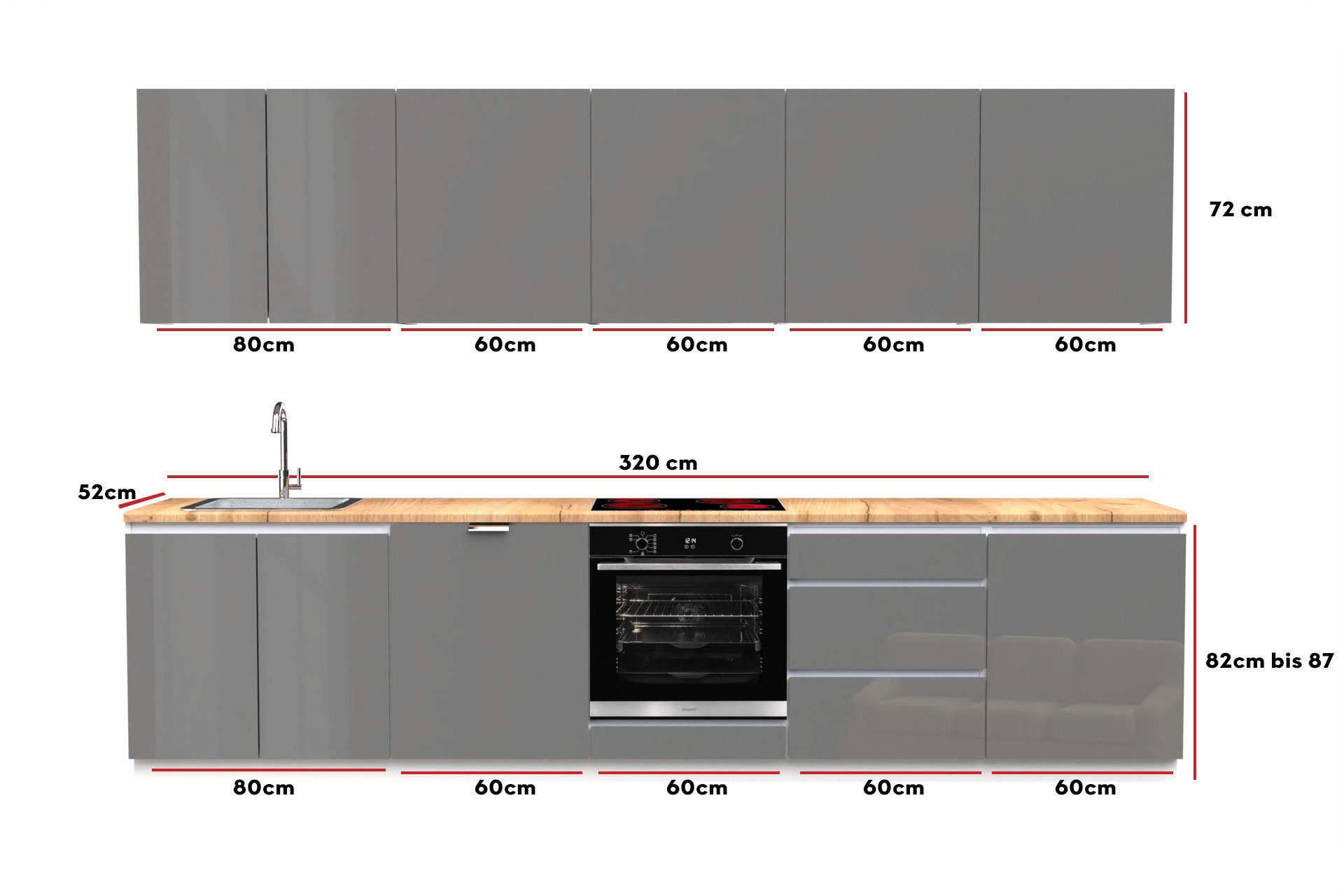 OMILI Küchenzeile OMEGA Grifflose (Breite 320cm), Fronten19 mm Acryl,SOFTCLOSE,Einfache Selbstmontage,SIND ERWEITERBAR! – Bild 3 von 5
