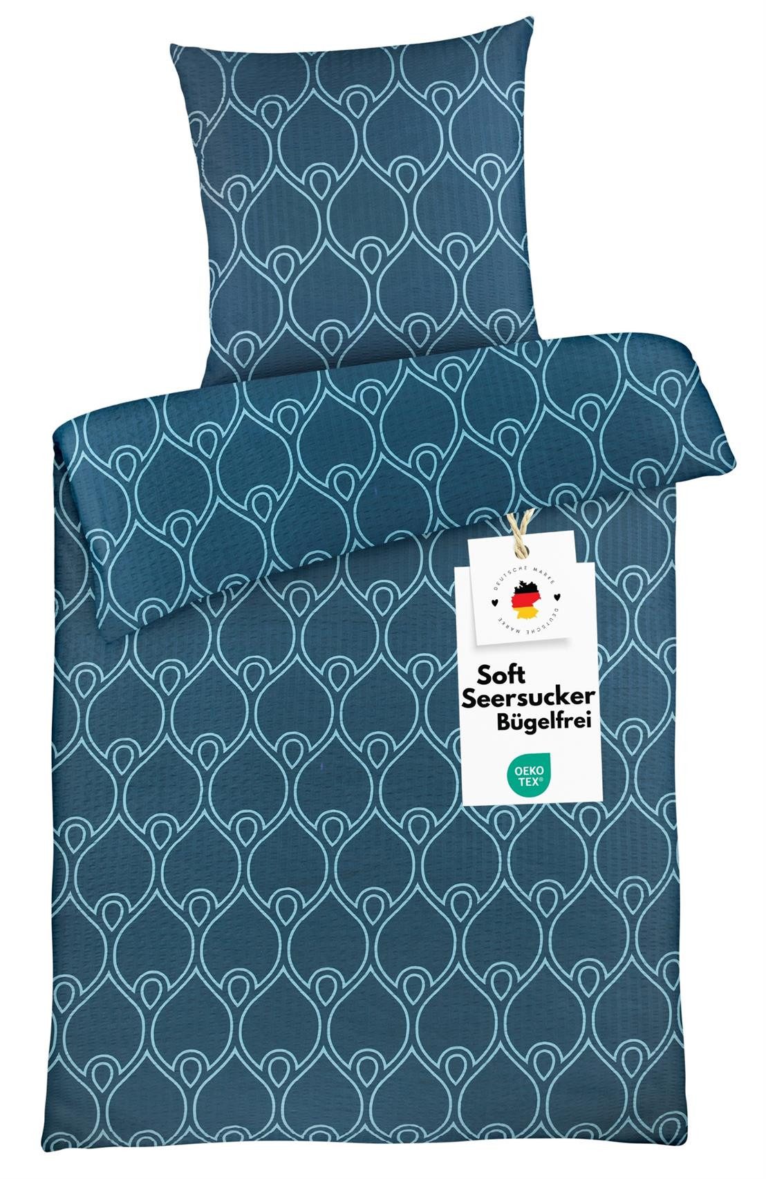Carpe Sonno Bettwäsche Seersucker 135 x 200 Mikrofaser Sommer Bettwäsche Bügelfrei Leicht, Soft-Seersucker, 2 teilig, Polyester Bettbezug kühlend & OEKO-TEX Muster Blau 135x200