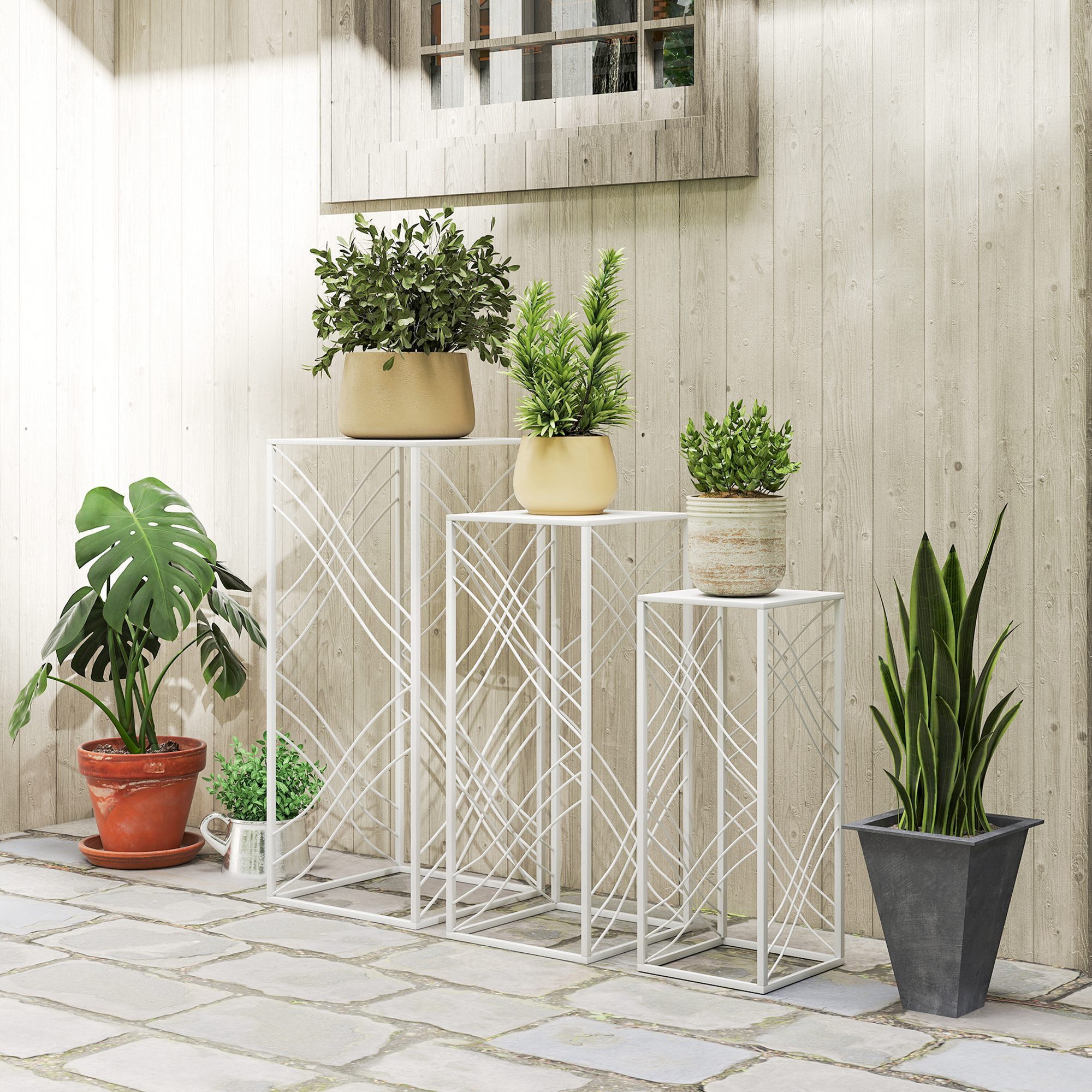 Outsunny Blumenständer 3er-Set Blumenregal, Blumenhocker, Blumentopfständer, aus Metall (stapelbar Pflanzenregal, 3 St., Pflanzenständer), für Wohnzimmer, Garten Balkon Deko, Weiß