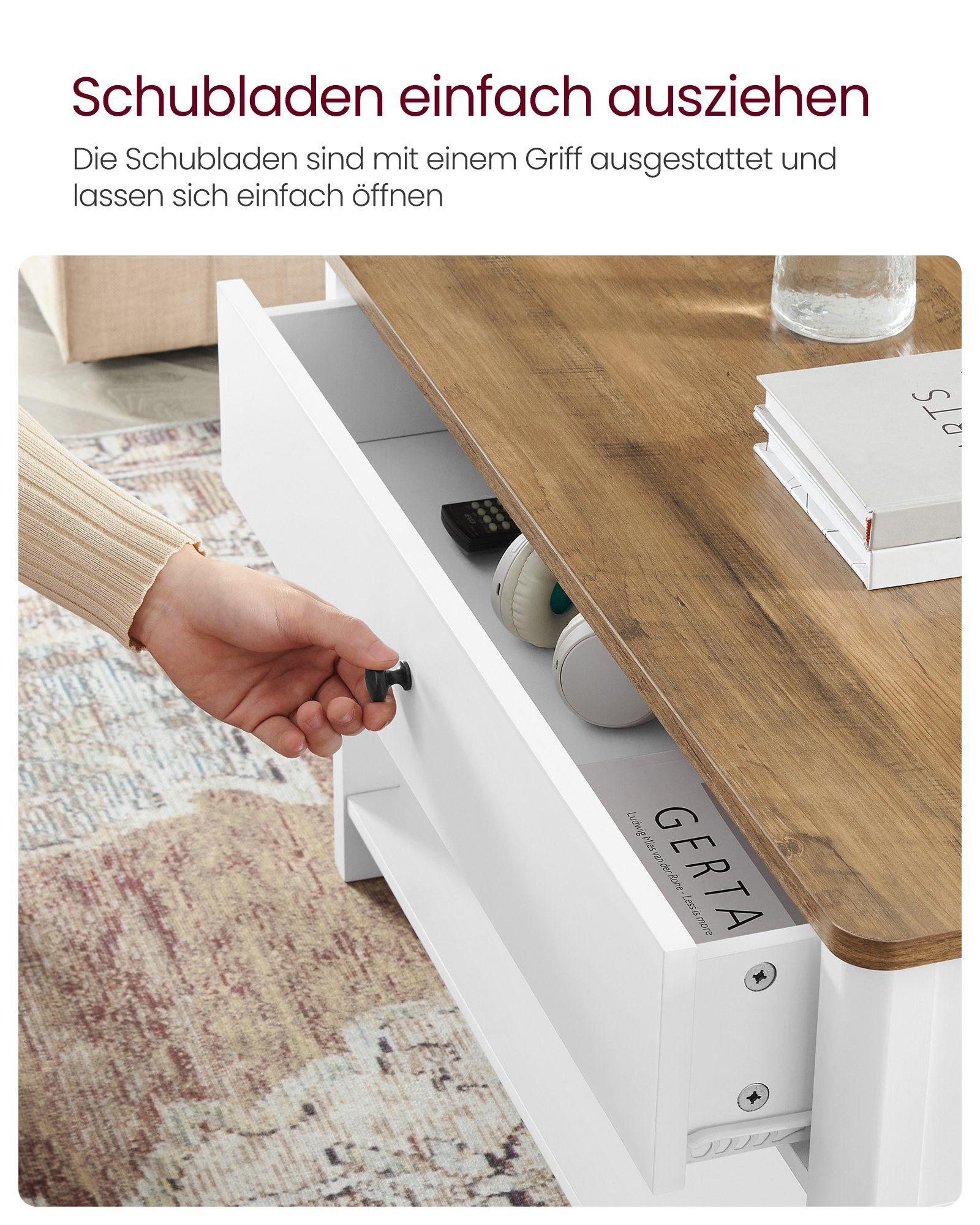 VASAGLE Couchtisch Wohnzimmertisch, 2 große Schubladen, quadratisch, für Wohnzimmer (inkl. Zubehörpaket & Anleitung), Sofatisch, viel Stauraum, Landhausstil, walnussbraun-weiß