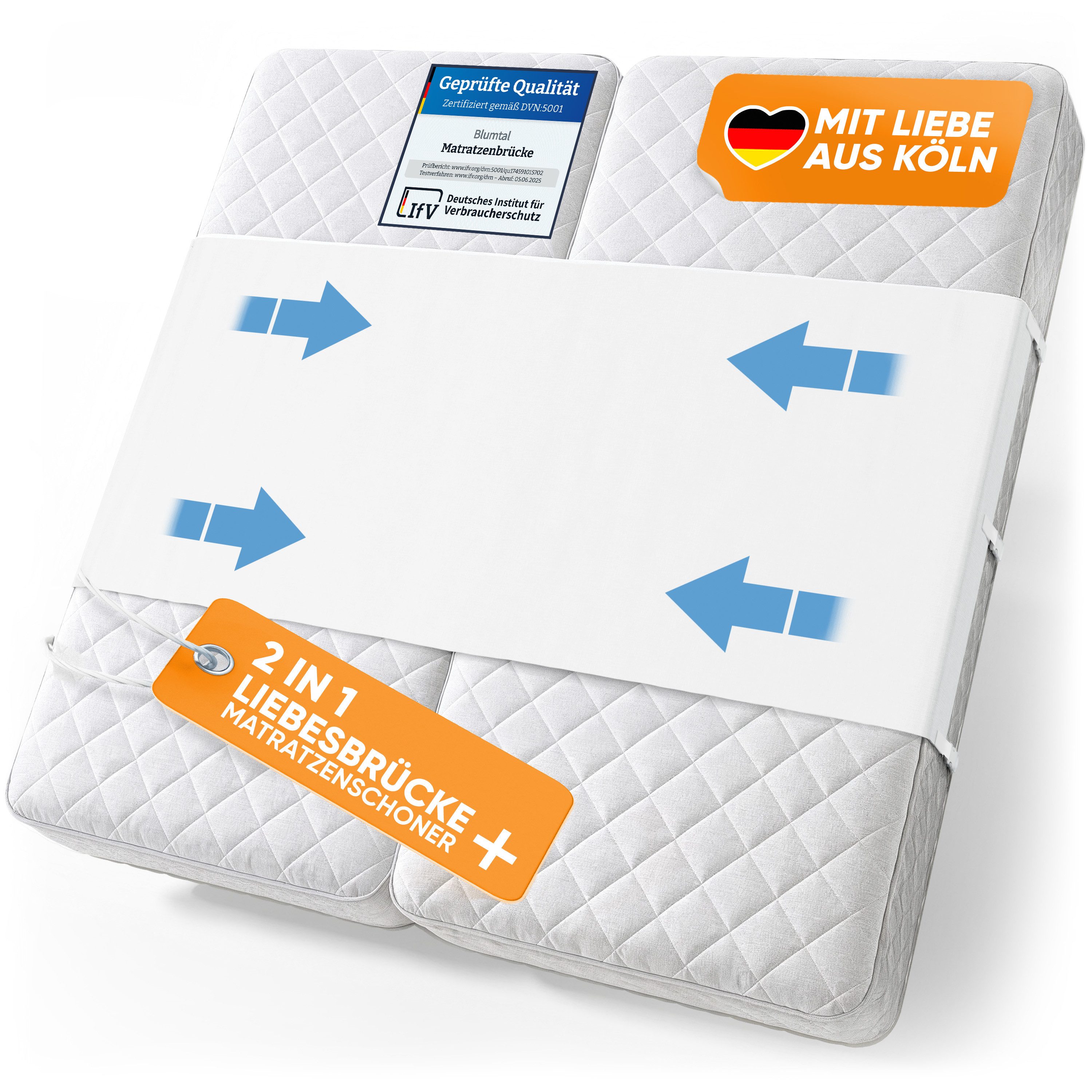 Matratzenkeil Liebesbrücke für Matratzen, festsitzende Matratzenbrücke Blumtal, wasserdichter Matratzenverbinder mit Spanngurten - waschbar bis 60 °C