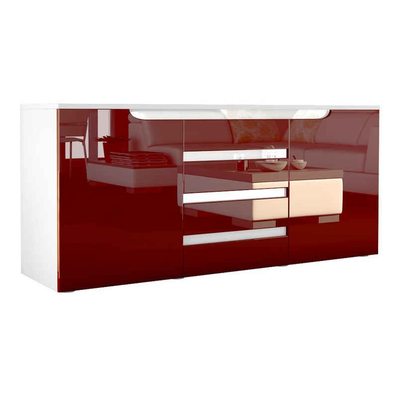 Vladon Sideboard Sylt (Kommode, mit 2 Türen und 4 Schubladen), Weiß matt/Bordeaux Hochglanz/Weiß Hochglanz (139 x 72 x 35)