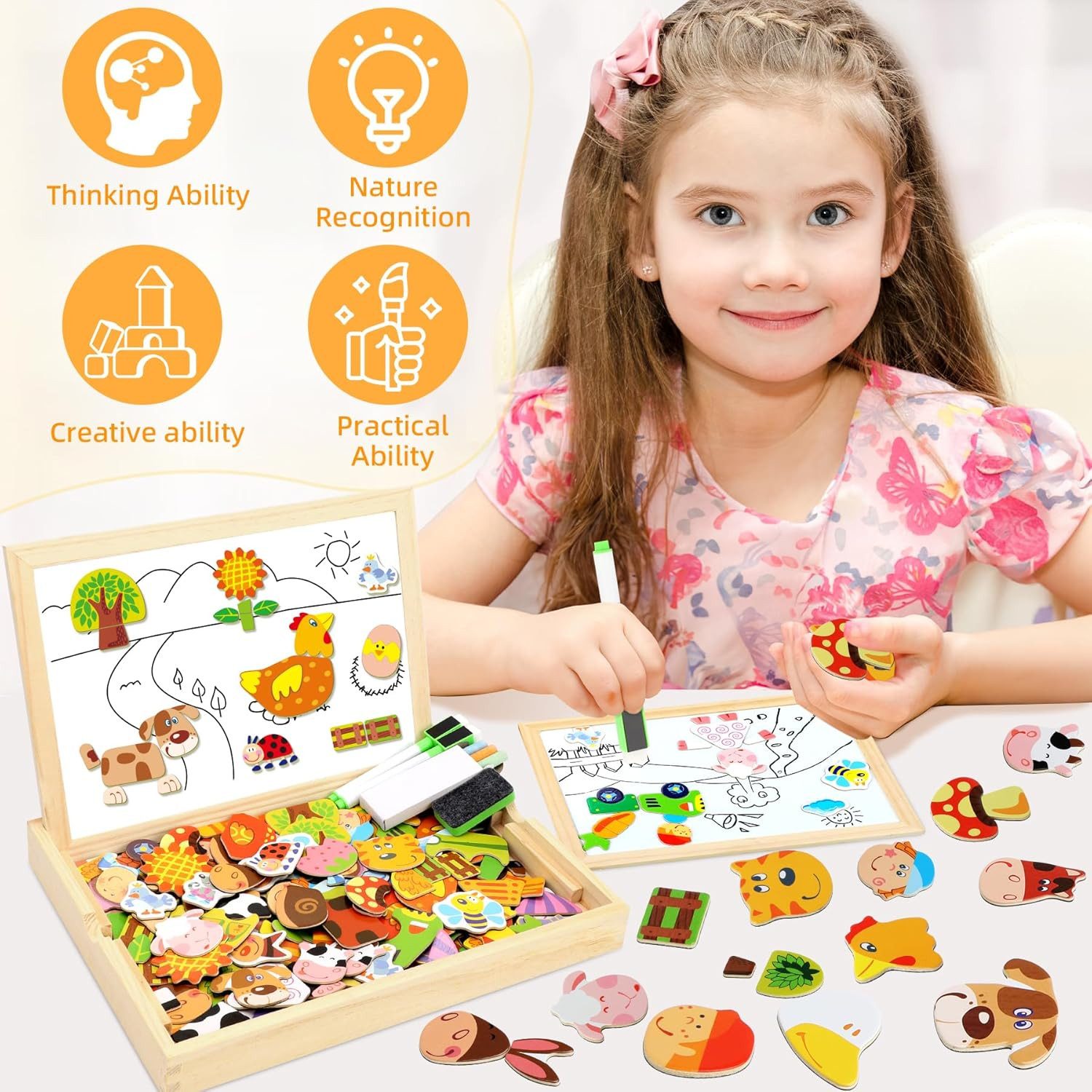 Ophy Rahmenpuzzle Doppelseitiges magnetisches Holzpuzzle (100 Teile), Puzzleteile, Rahmenpuzzle, sicheres & tragbares Lernspielzeug für Kinder