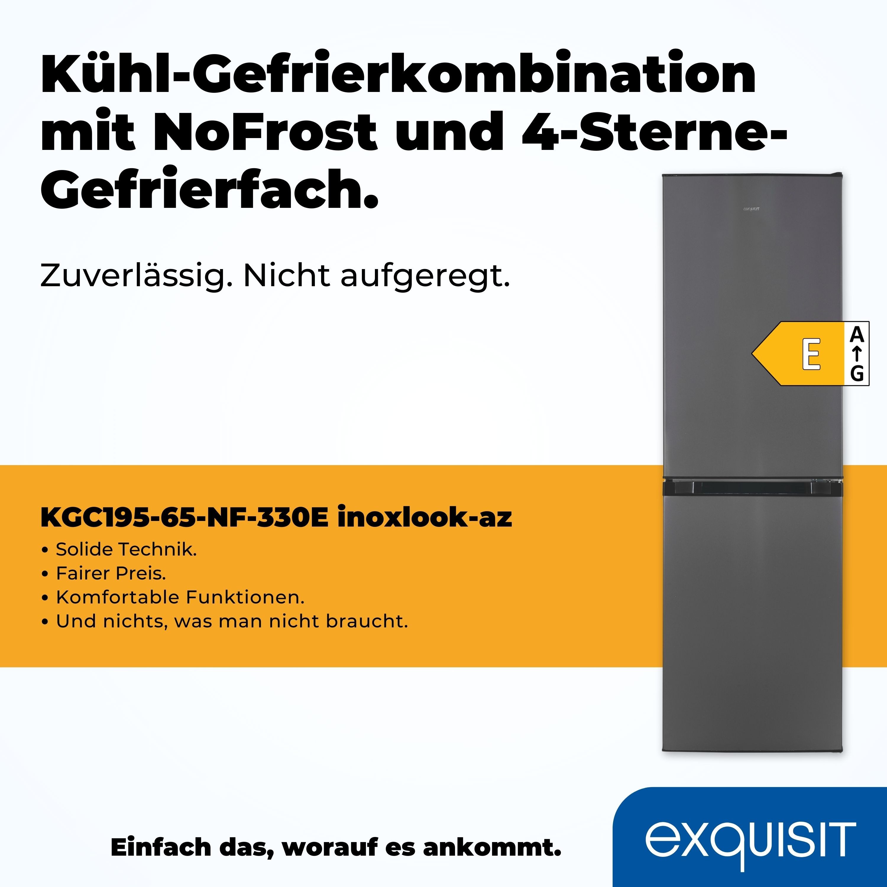 exquisit Kühl-/Gefrierkombination KGC195-65-NF-330E inoxlook-az, 157,5 cm hoch, 48,5 cm breit, 4-Sternefach