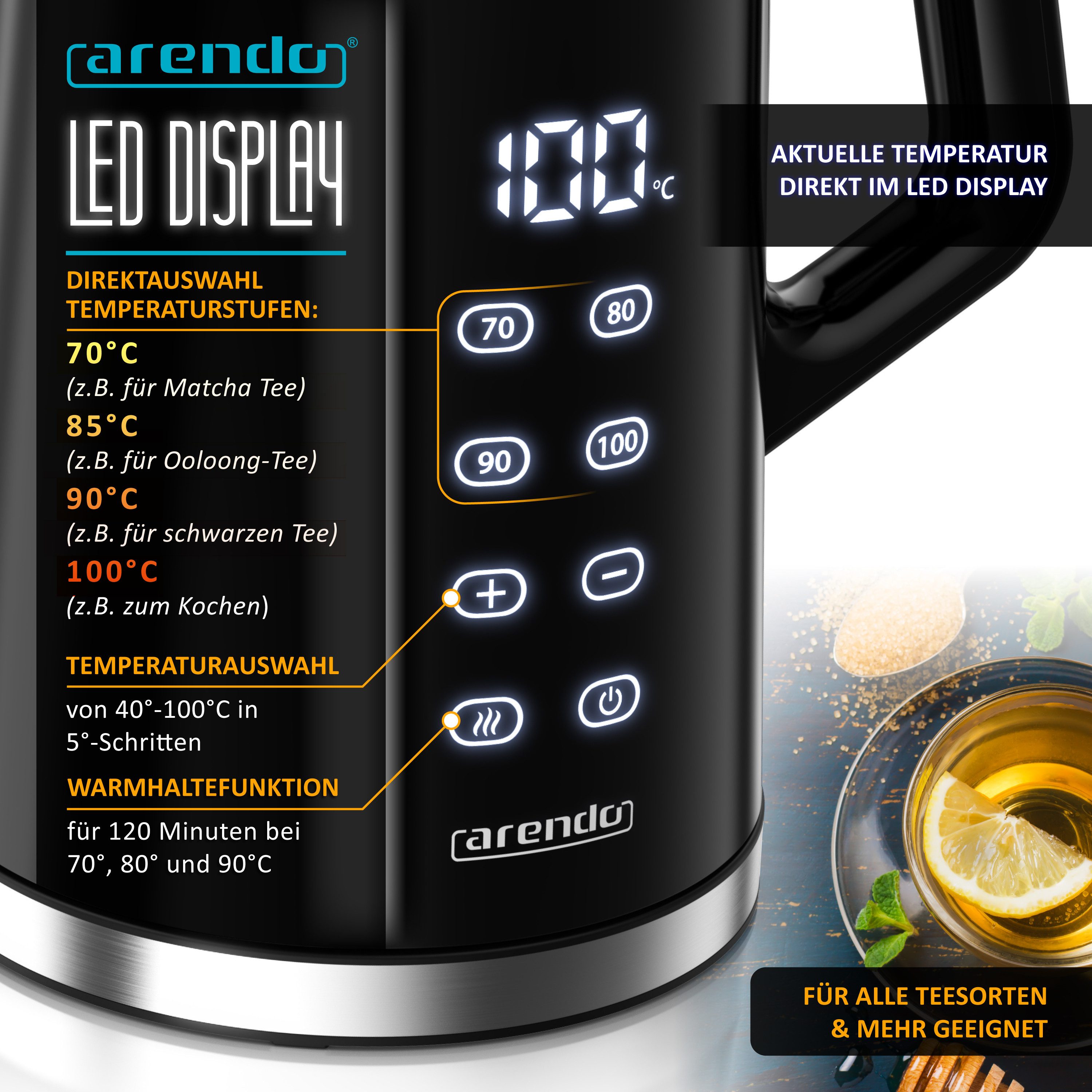 Arendo Wasserkocher aus Edelstahl, Temperatureinstellung 40°–100°C mit Anzeige, Doppelwand, 1,7 l, 2200 W, Teekocher mit Temperaturanzeige, Überhitzungsschutz, Warmhaltefunktion