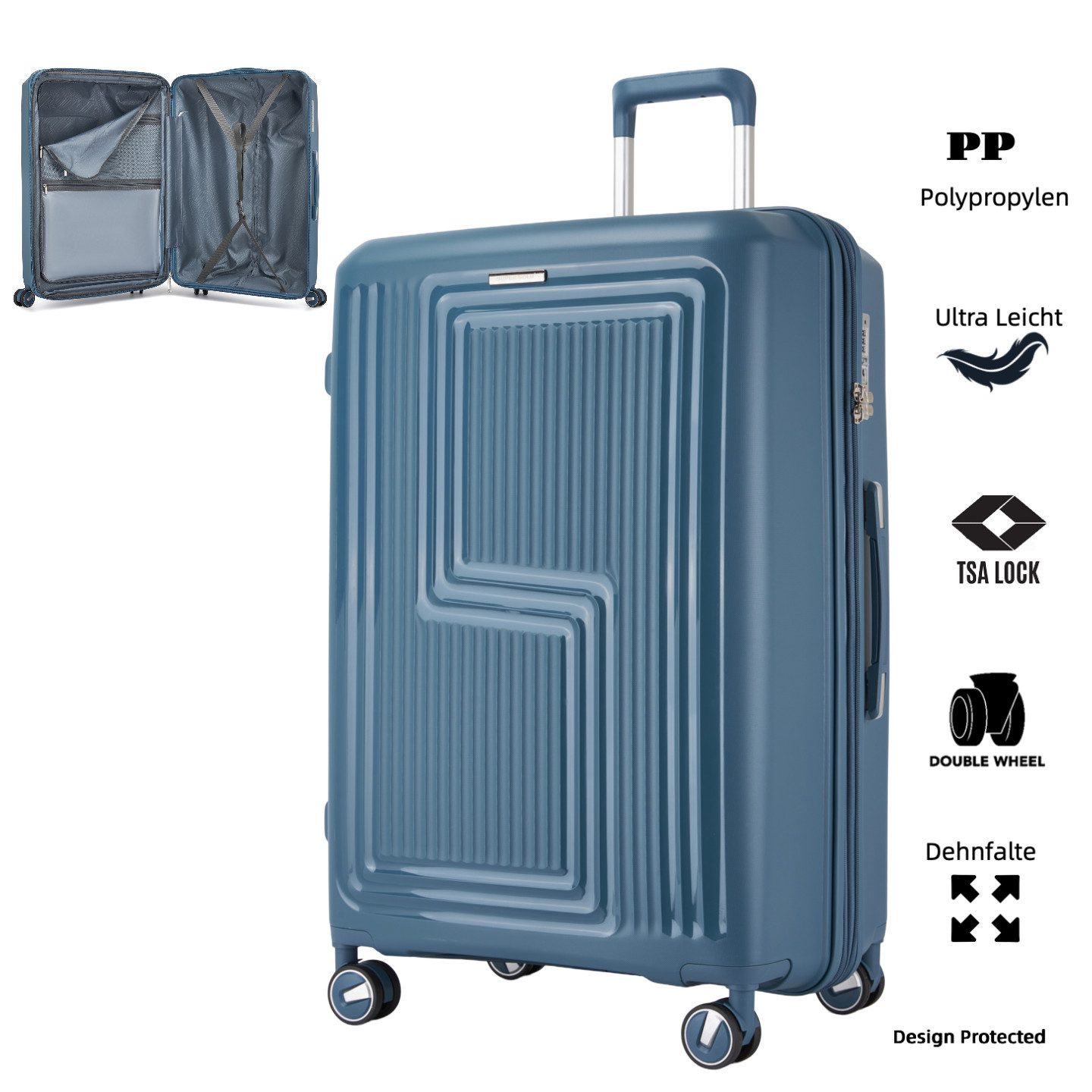 Super Solu Hartschalen-Trolley Koffer Reisekoffer XL groß 28 Zoll PP leicht erweiterbar TSA, 4 Rollen, 360° drehbar, Blau, langlebig & robuster Hartschalenkoffer