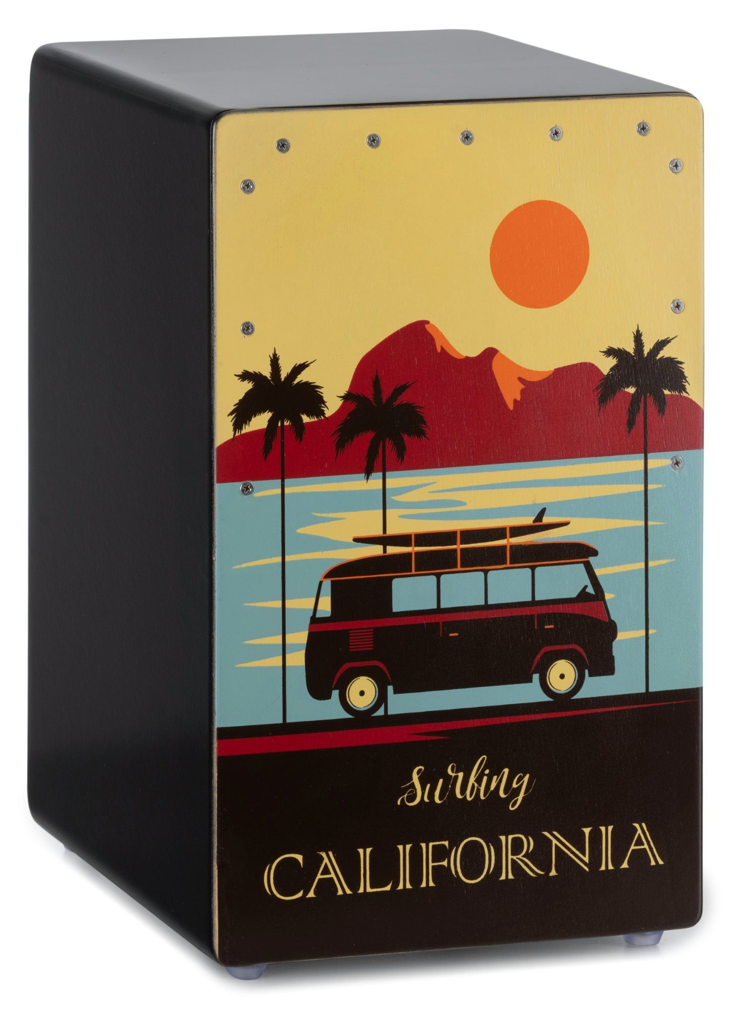 XDrum Cajon Designer-Cajon mit Kunstdruck "California", Bass Port & Snare Teppich mit 20 Spiralen
