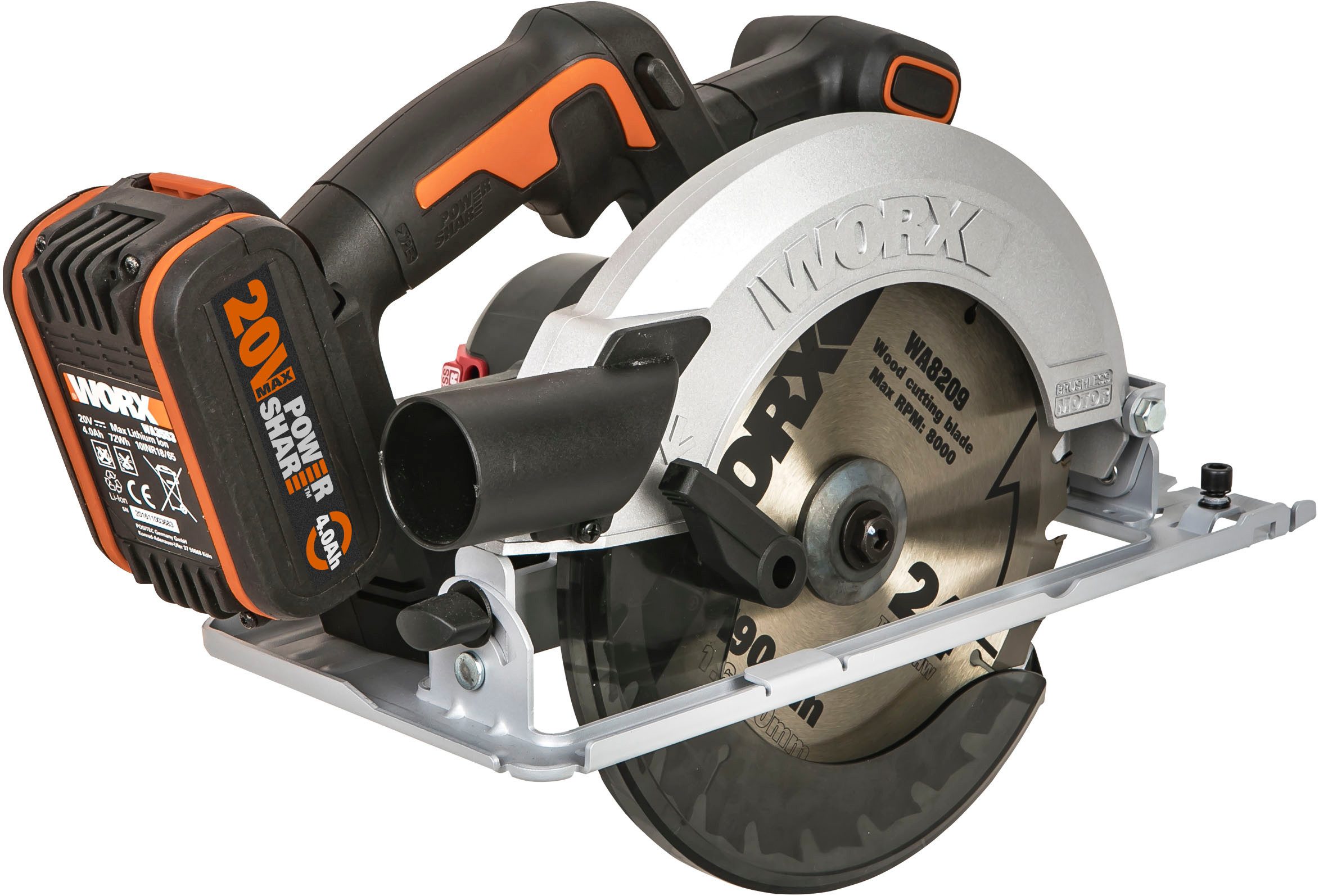Worx Akku-Handkreissäge WX520 NITRO, 190 mm Sägeblatt, 0-57° Schrägschnitte, inkl. Akku & Schnellladegerät