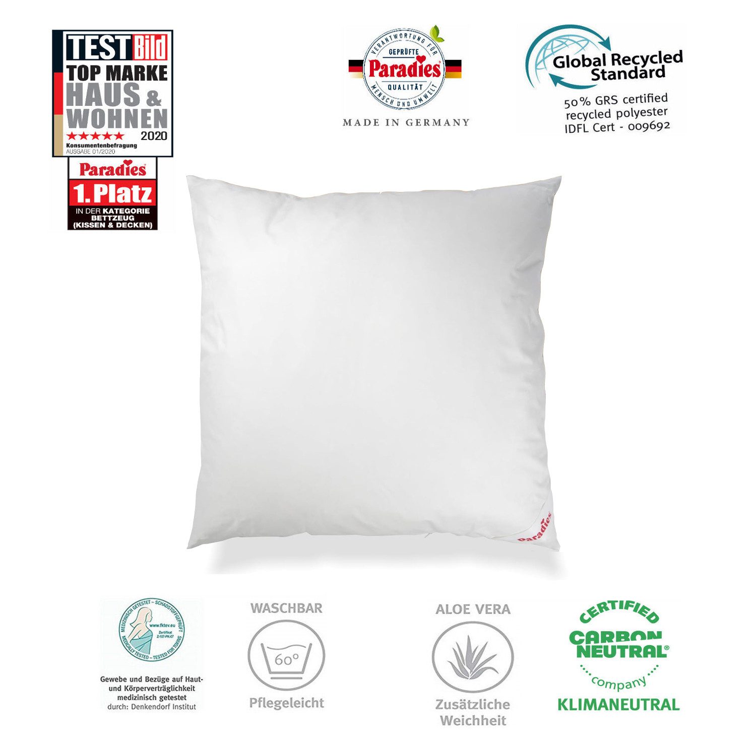 Paradies Kunstfaserkopfkissen Paradies Softy Kopfkissen Kissen Faserkissen Kuschelkissen 80x80 60°, Füllung: Paradies Fill Fasertechnologie für dauerhaft bauschiges Volumen, 100% Polyester, Bezug: 100% Baumwolle, veredelt mit Aloe Vera, Bauchschläfer, Rückenschläfer, Seitenschläfer, Klimaneutrale Herstellung