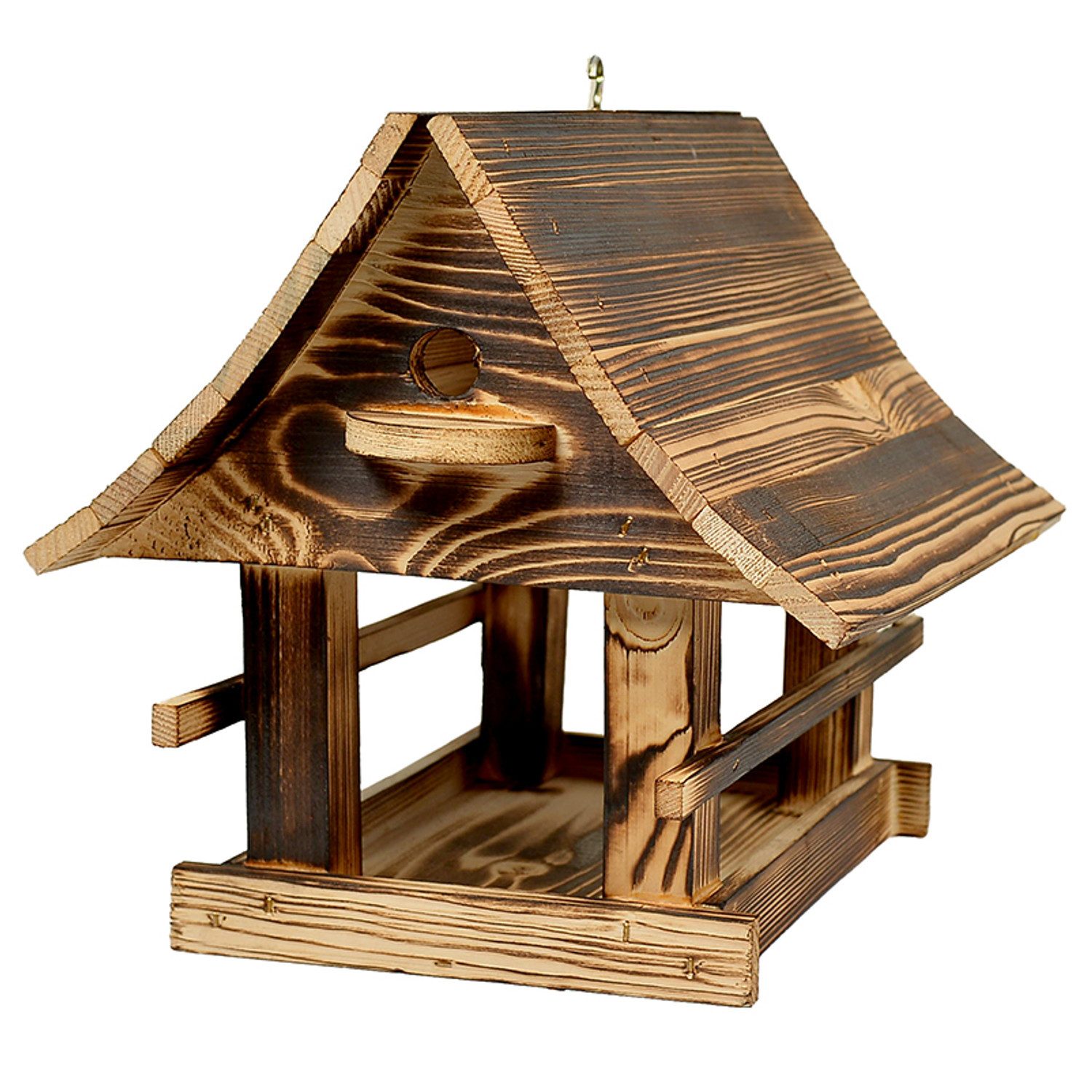 WOODOK Vogelhaus Massivholz-Vogelfutterhaus XXL gebrannt, mit Haken zum Aufhängen