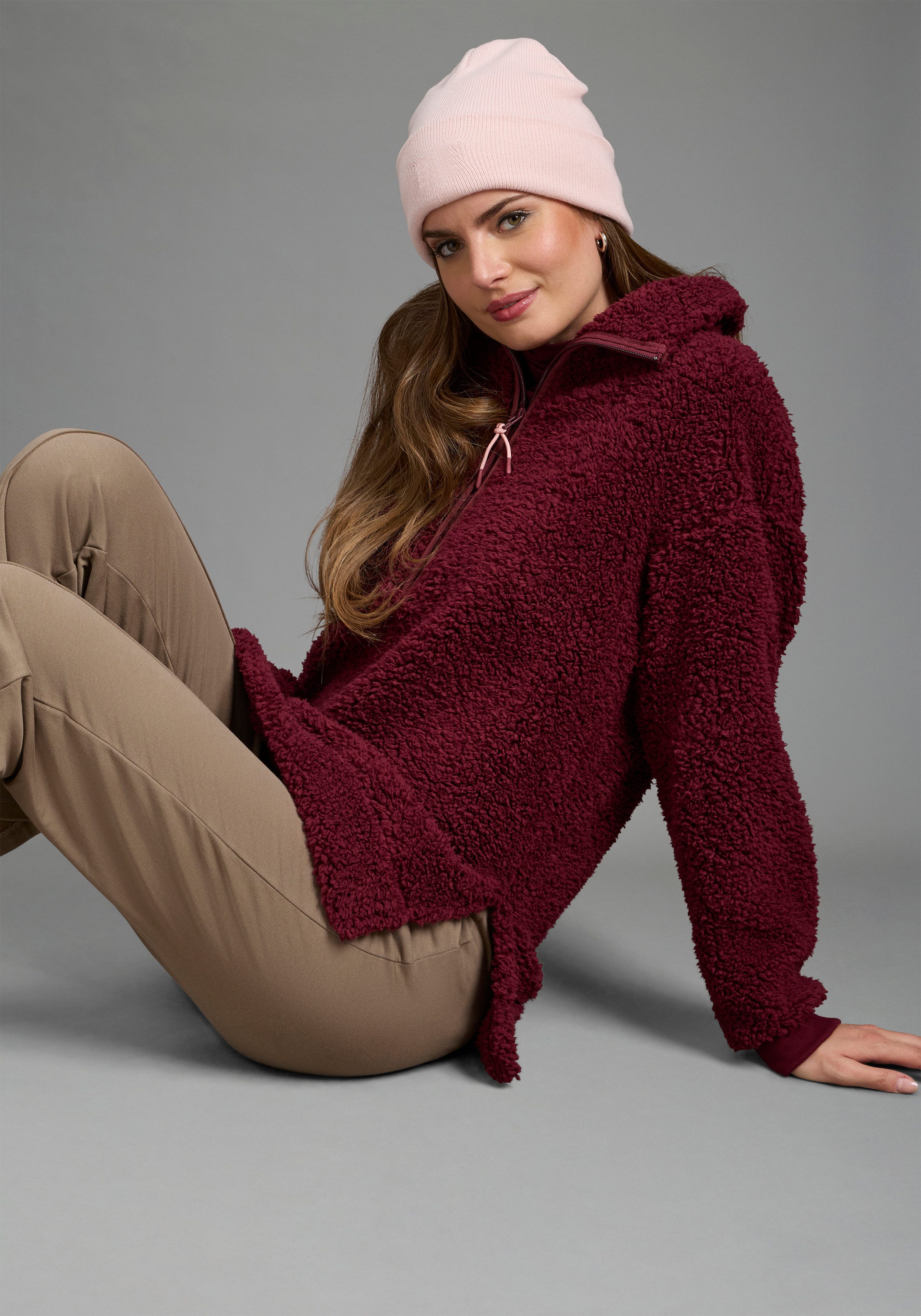 Laura Scott Fleecepullover (1-tlg) aus kuscheligem Teddyfleece mit Troyerkragen und Reißverschluss