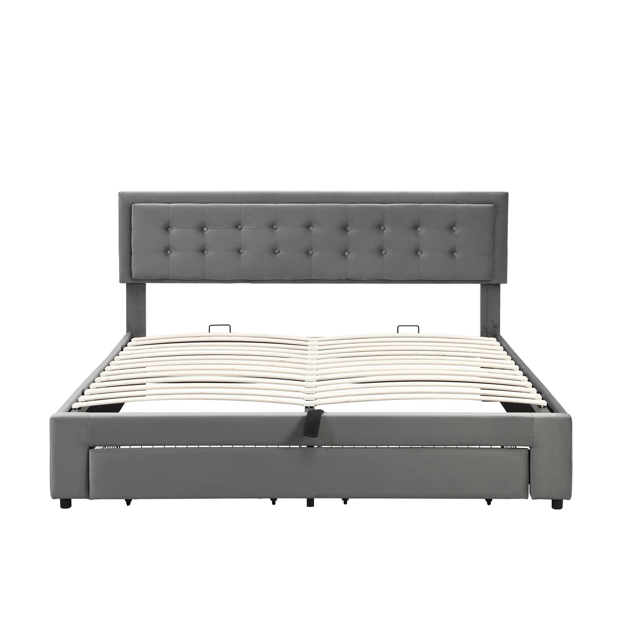 SOFTWEARY Polsterbett Doppelbett mit Lattenrost, Samt (180x200 cm), höhenverstellbar, Schubladen Bettkasten grau und Kopfteil