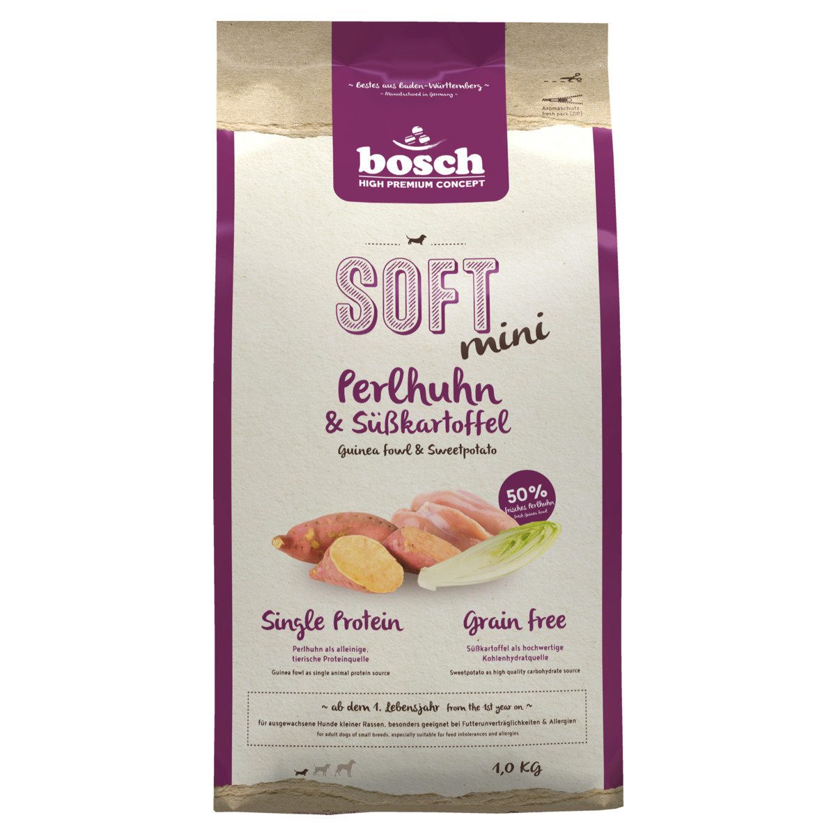 Bosch Petfood SOFT Mini mit Perlhuhn & Kartoffel 1 kg, Trockenfutter für: Hund