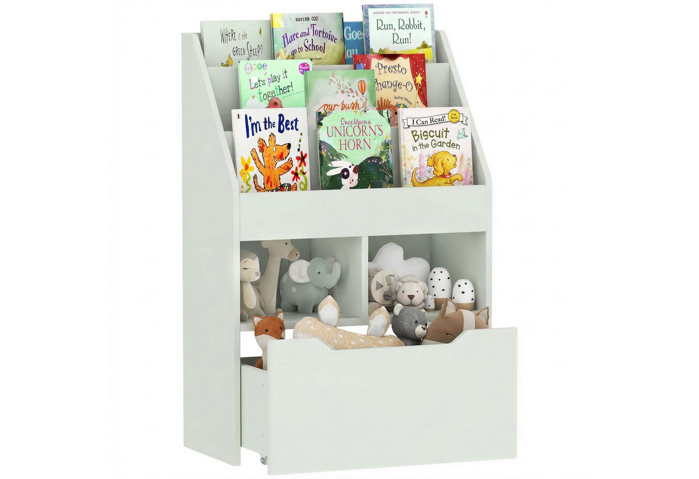 HOMCOM Kinderregal Kinder Bücherregal mit Schublade, 3 Ablagefächern, Aufbewahrungsregal 1-tlg., für Kinderzimmer, Spielzimmer, Hellgrün, 60 x 29,9 x 90 cm
