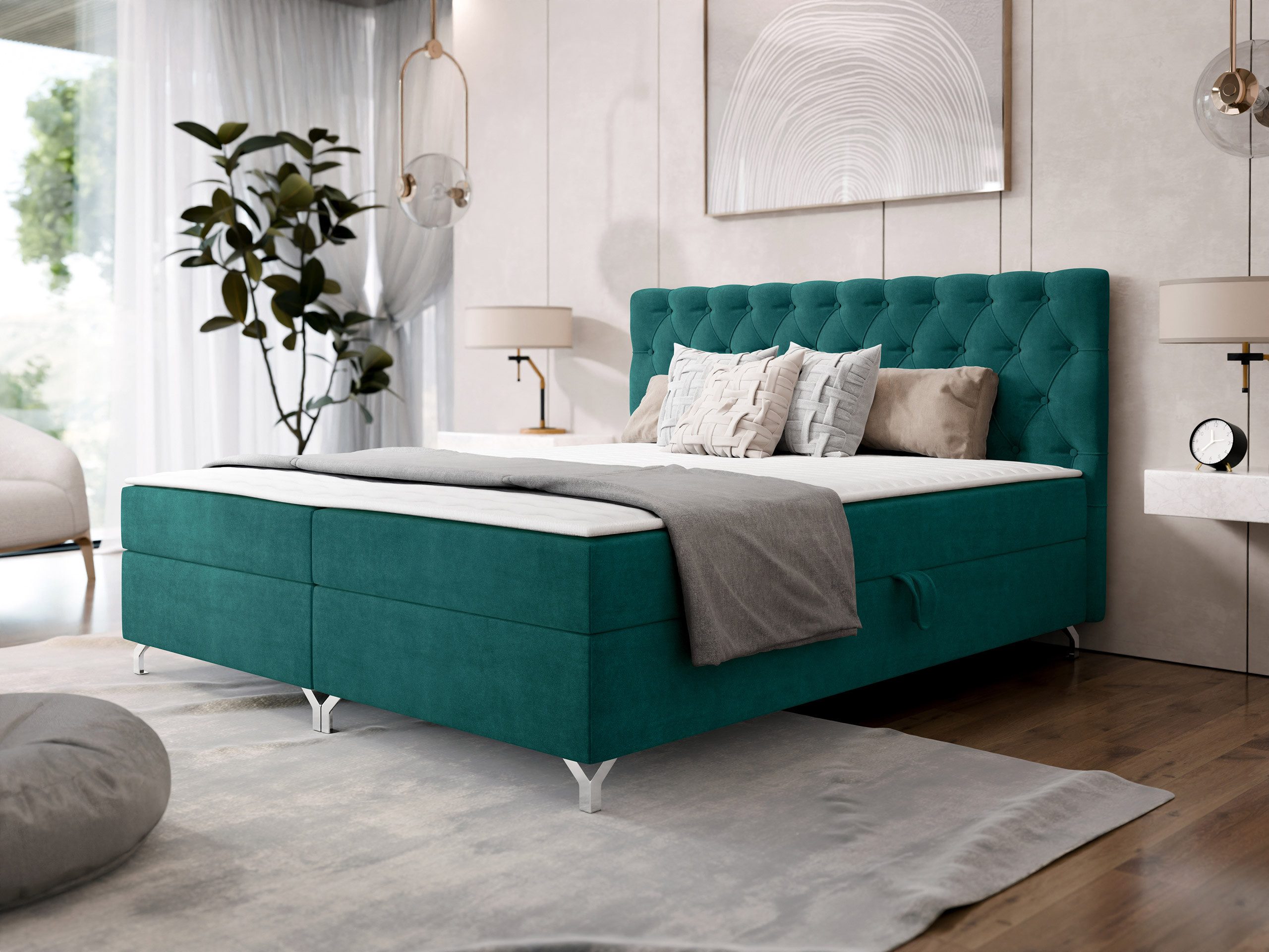 MIRJAN24 Boxspringbett Chester 2 (mit zwei Bettkästen), 140/160/180/200 cm, Verchromte Metallfüße