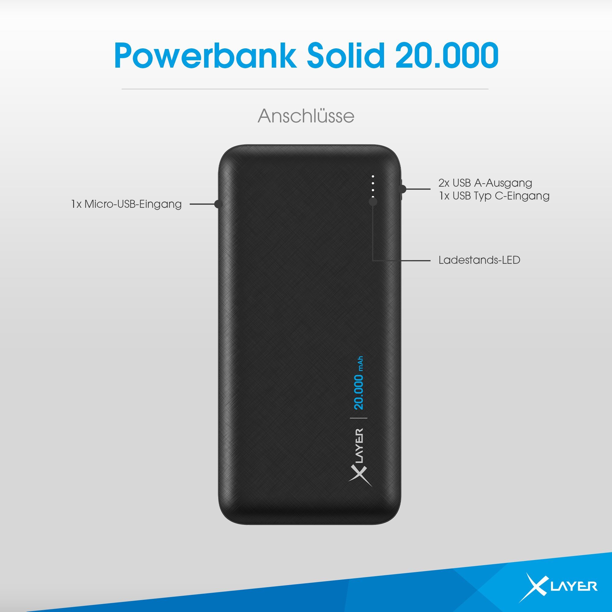 XLAYER Powerbank Solid 20000 mAh Akku schnelles Aufladen externes Ladegerät Powerbank