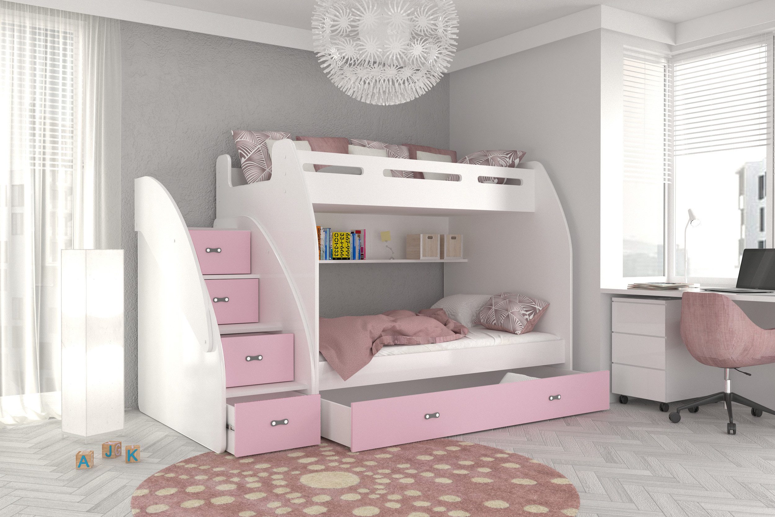 AJKmeble Hochbett Etagenbett 90x200 / 120x200cm, Treppe und Ausziehbett für 2 Kinder (MADE IN EU - wählbar in Farben weiß, blau, grün, rosa oder grau, für Jungen und Mädchen, Jugendbett) Treppe beidseitig montierbar