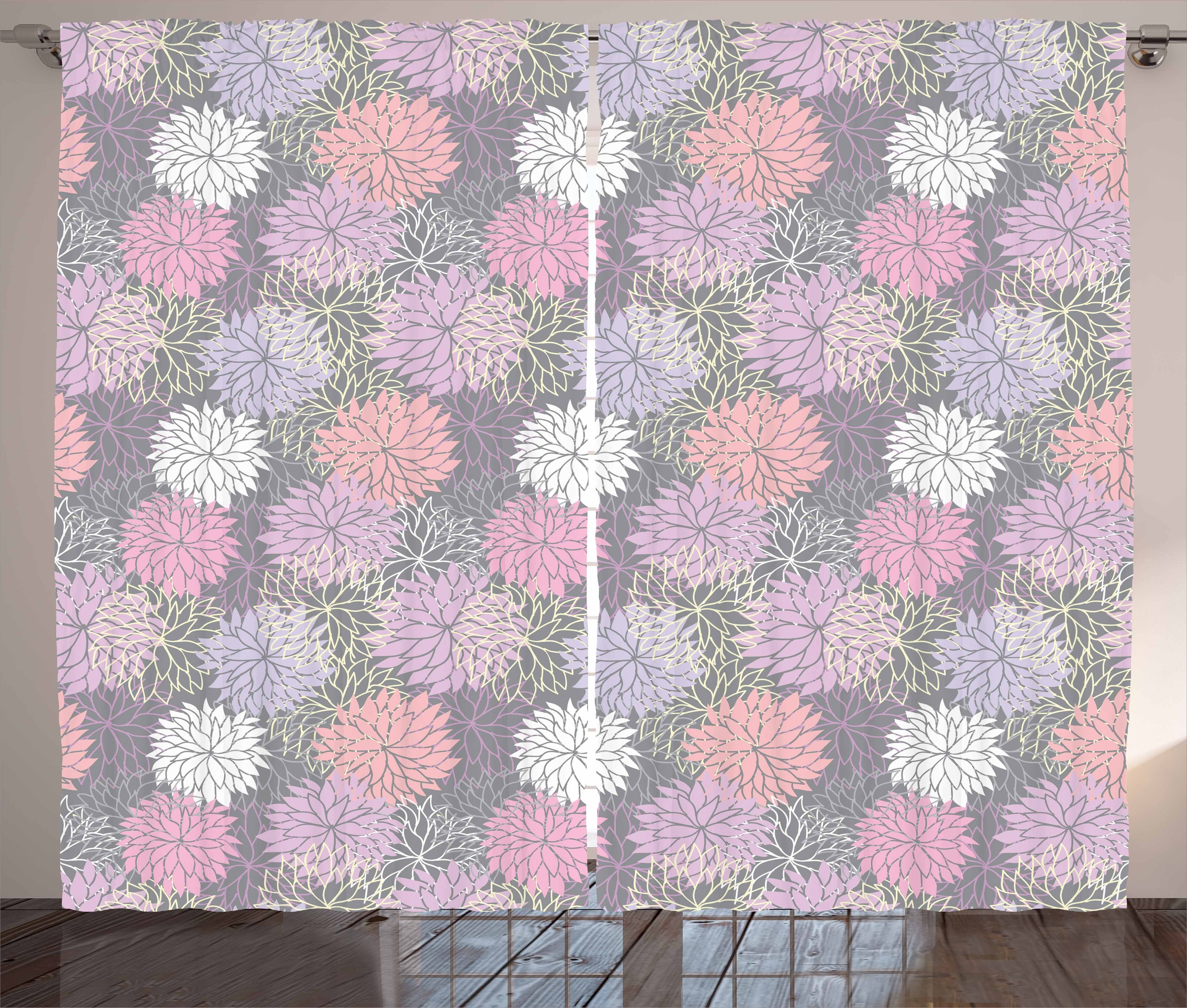 Schlaufen Abakuhaus, Kräuselband Grau und Gardine Haken, Botanischer Schlafzimmer mit und Blossom Rosa Vorhang