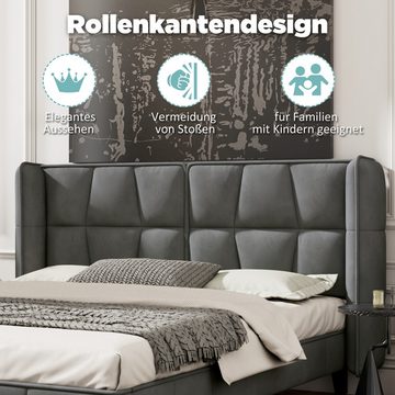 MODFU Polsterbett Jugendbett (Holzlattenunterstützung, Einfache Montage Samt, grau), Stabile Struktur, Optimale Stützkraft