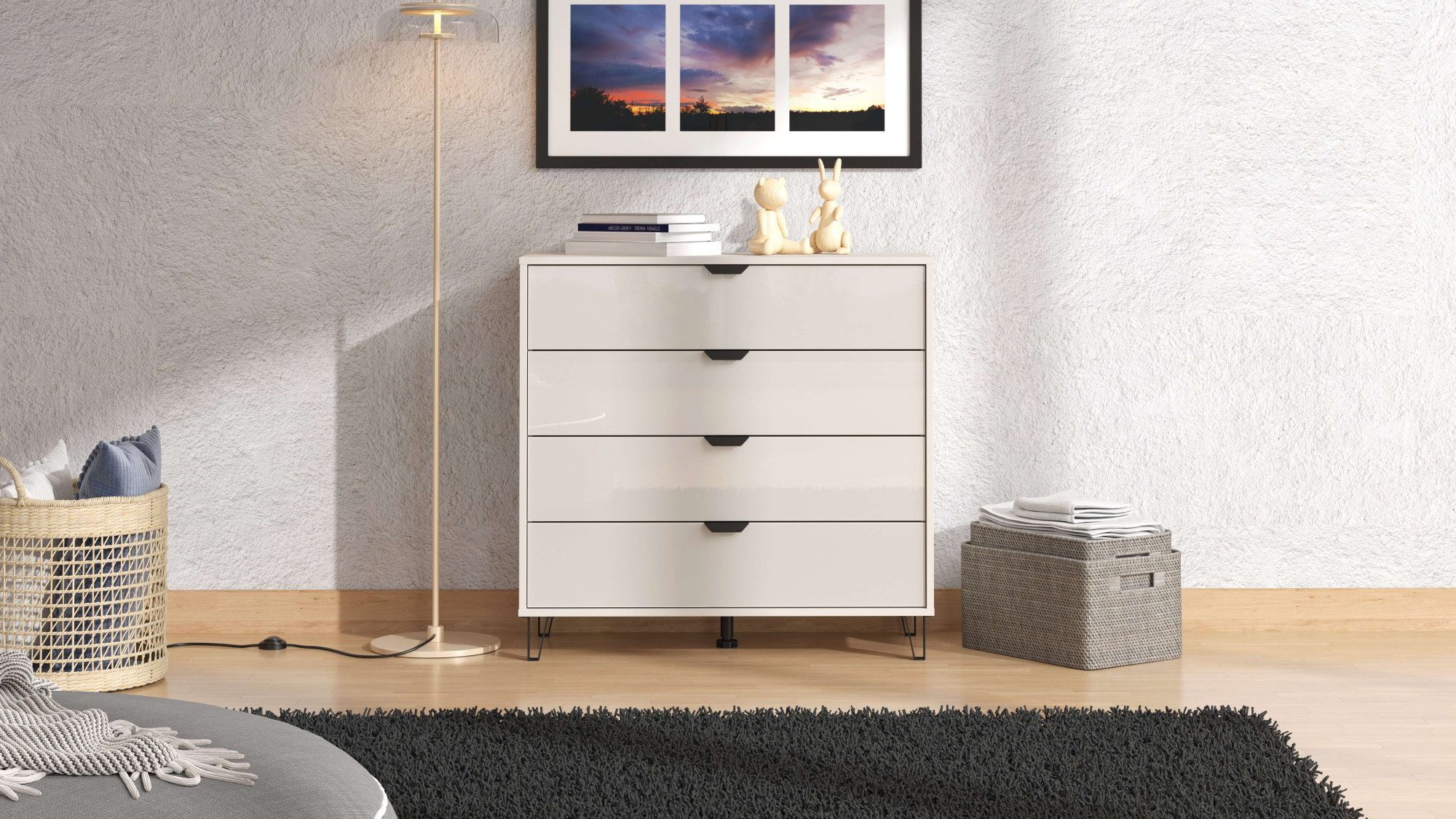 Home affaire Sideboard Lucca Schubkastenkommde, Farbe: Cashmere, 93x40x90,5cm, 4 Schubladen mit Glasfront, FSC®-zertifizierter Holzwerkstoff