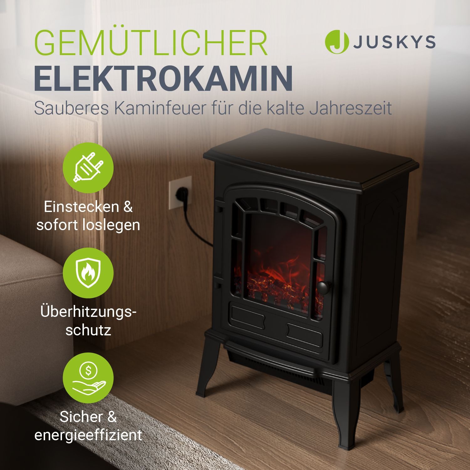 Juskys Elektrokamin, Flammeneffekt, zwei Heizstufen, Sicherheitsabschaltung günstig online kaufen