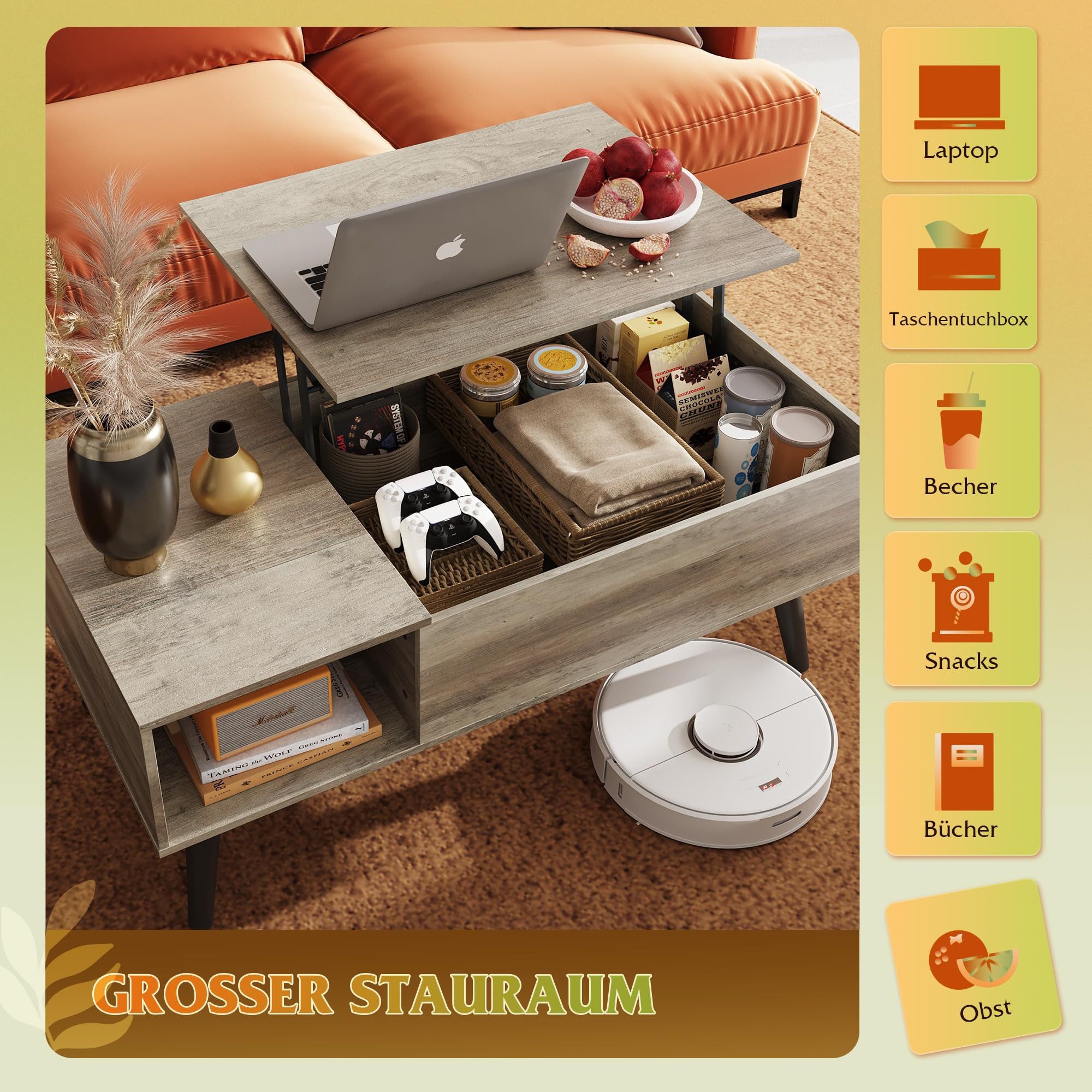 WLIVE Couchtisch höhenverstellbar mit Stauraum, Lift-Top Wohnzimmertisch 100×50×41-57cm (Packung, Lift-Top-Design), Holzoptik & Metallrahmen, für Wohnzimmer Bür – Bild 5 von 5