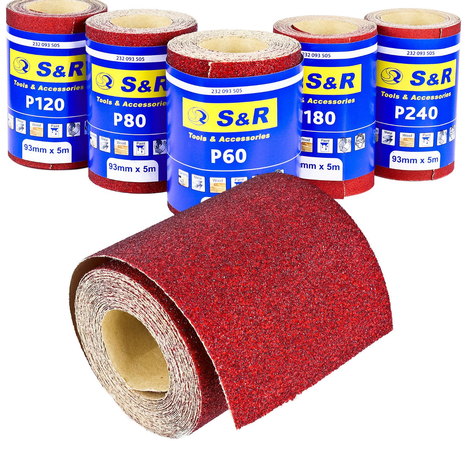 S&R Schleifpapier Schleifpapierrollen Set, 93 mm x 5 m, (Set, 5 St., je Körnung 5x P60, P80, P120, P180, P240), Schleifrollen zum Schleifen von Holz, Metall, Stahl, Edelstahl