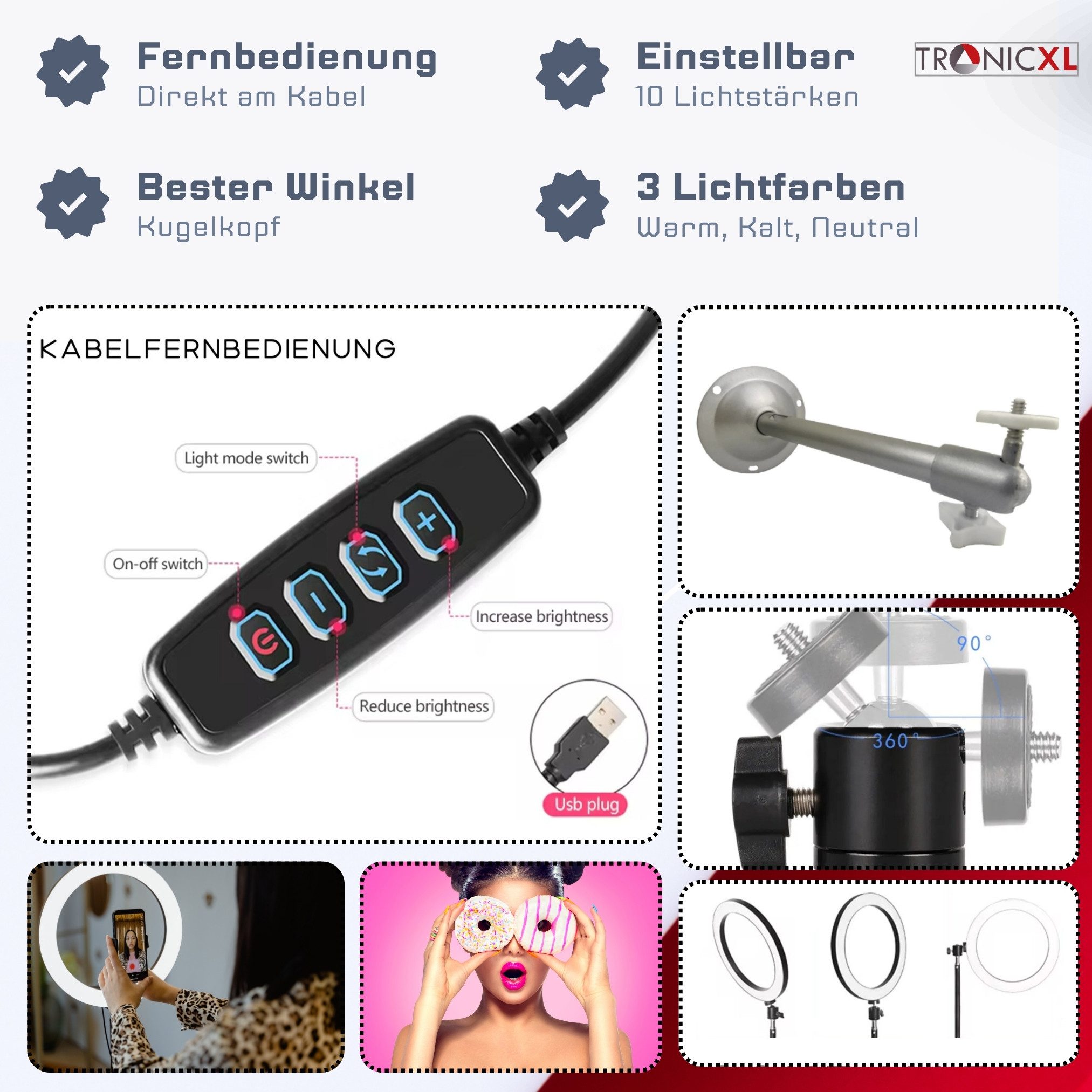 TronicXL Ringlicht 120 LED Ringlicht mit Handy Halterung Wandhalterung Wandmontage, für Smartphone, iPhone, voll beweglich, drehbar, neigbar