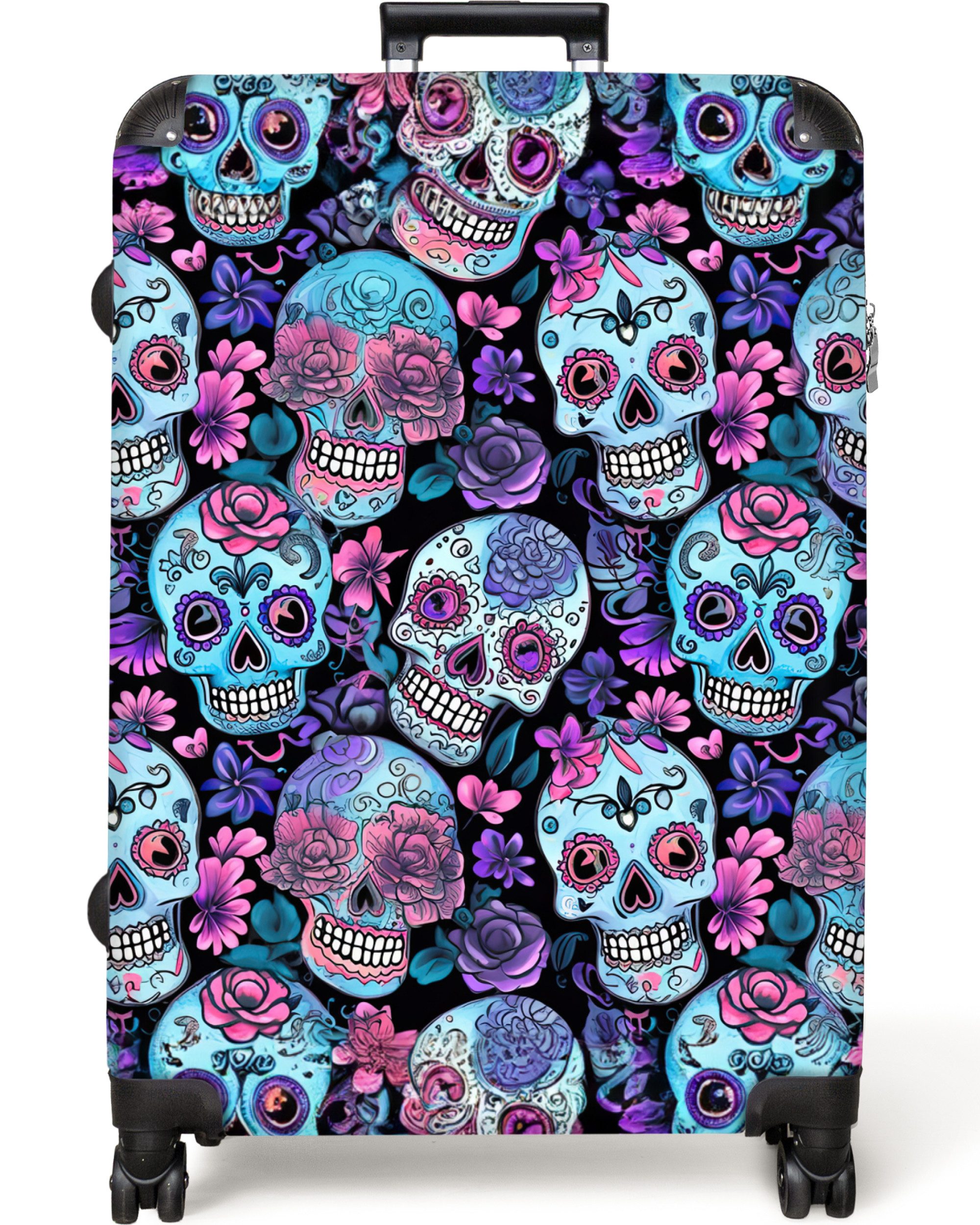 NoBoringSuitcases.com© Hartschalen-Trolley Totenkopf - Rosen - günstig online kaufen