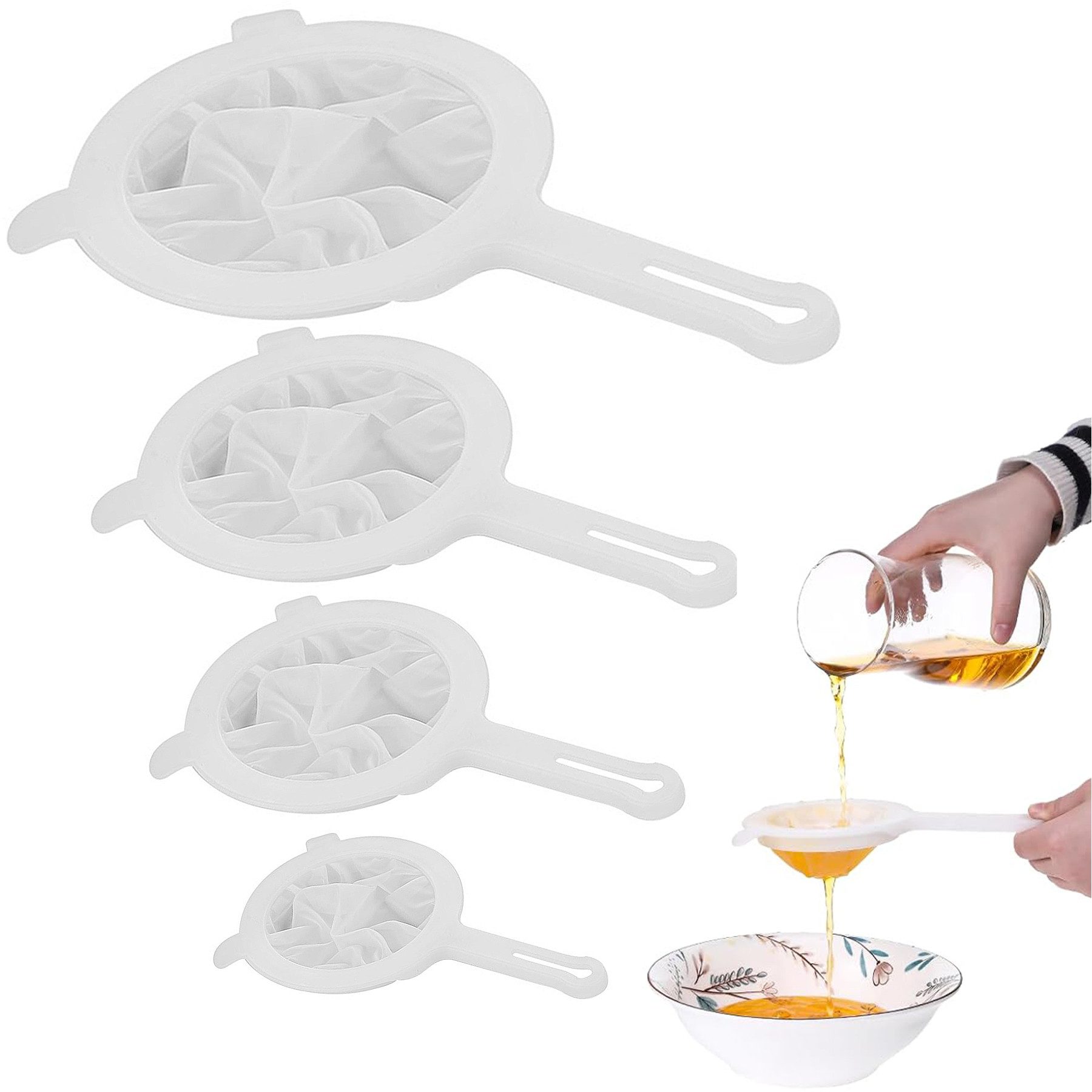 Mutig Küchensieb 4 Stück,400Mesh Nylon Sieb Fein Feines Sieb,11/13/15/18CM Handgriff, (Feines Sieb mit Griff,Nylon Sieb,Plastikfilter für präzises Filtern, für die Filterung von Speiseöl Saft Milch Sojamilch und Kaffee), die Filterung von Speiseöl Saft Milch Sojamilch und Kaffee